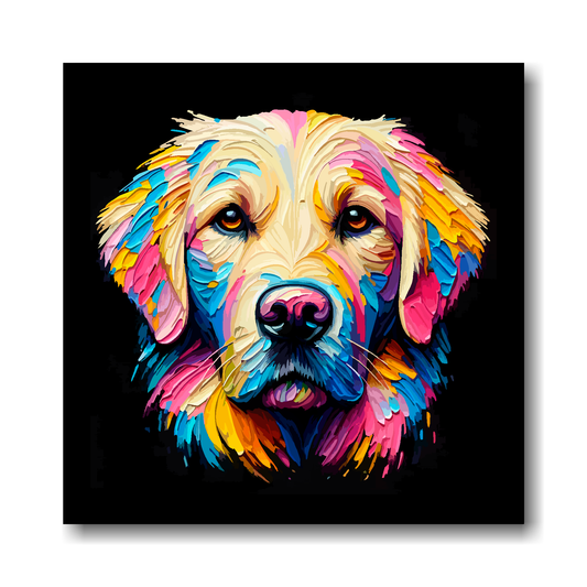 Colourful abstract painting of a Goldador dog's face on a black background.