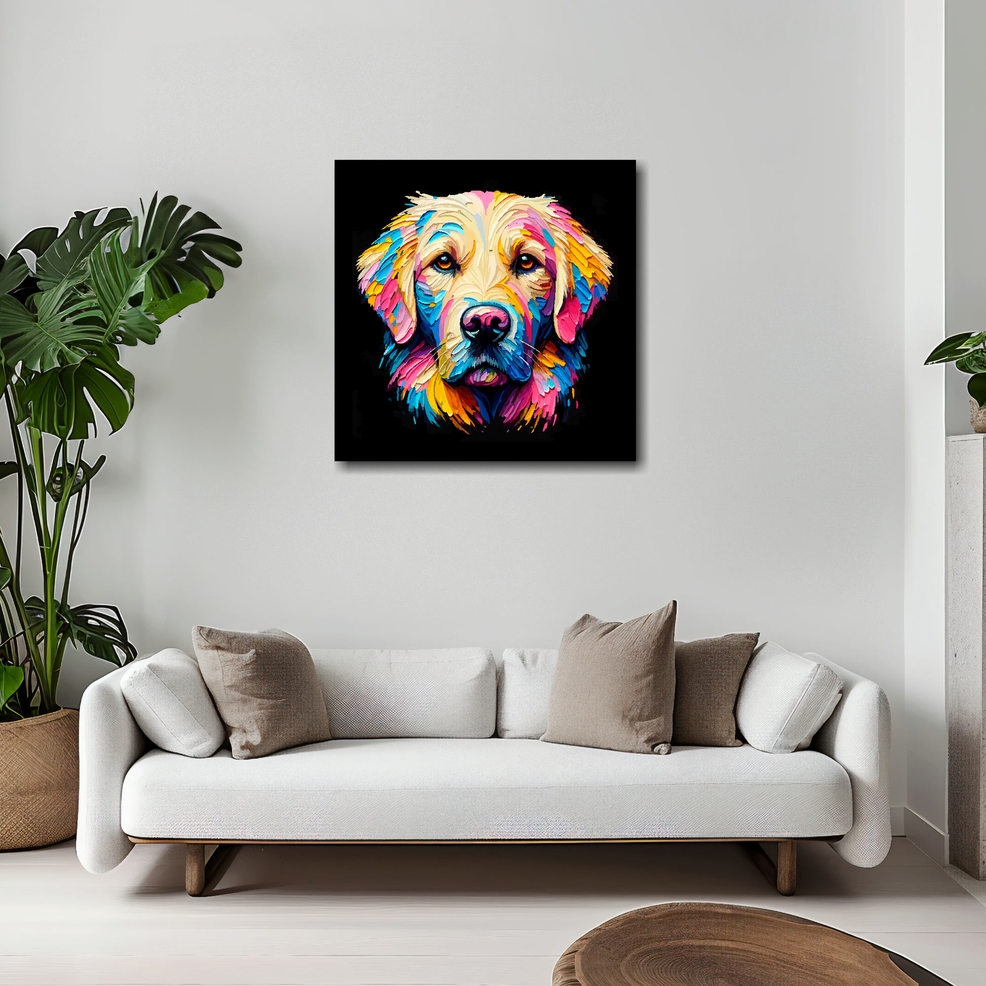 20 inch by 20 inch canvas print featuring a multi-coloured Goldador dog portrait. Mounted on a white wall above a white sofa with decorative pillows.