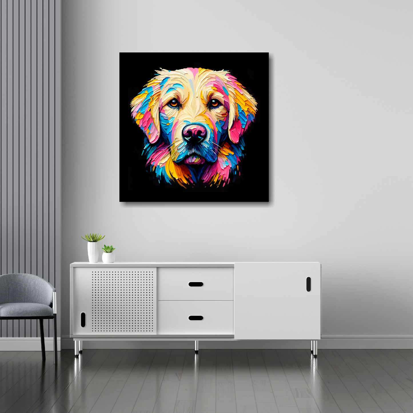 30 inch by 30 inch canvas print featuring a multi-coloured Goldador dog portrait. Mounted on a white wall above a white sideboard.
