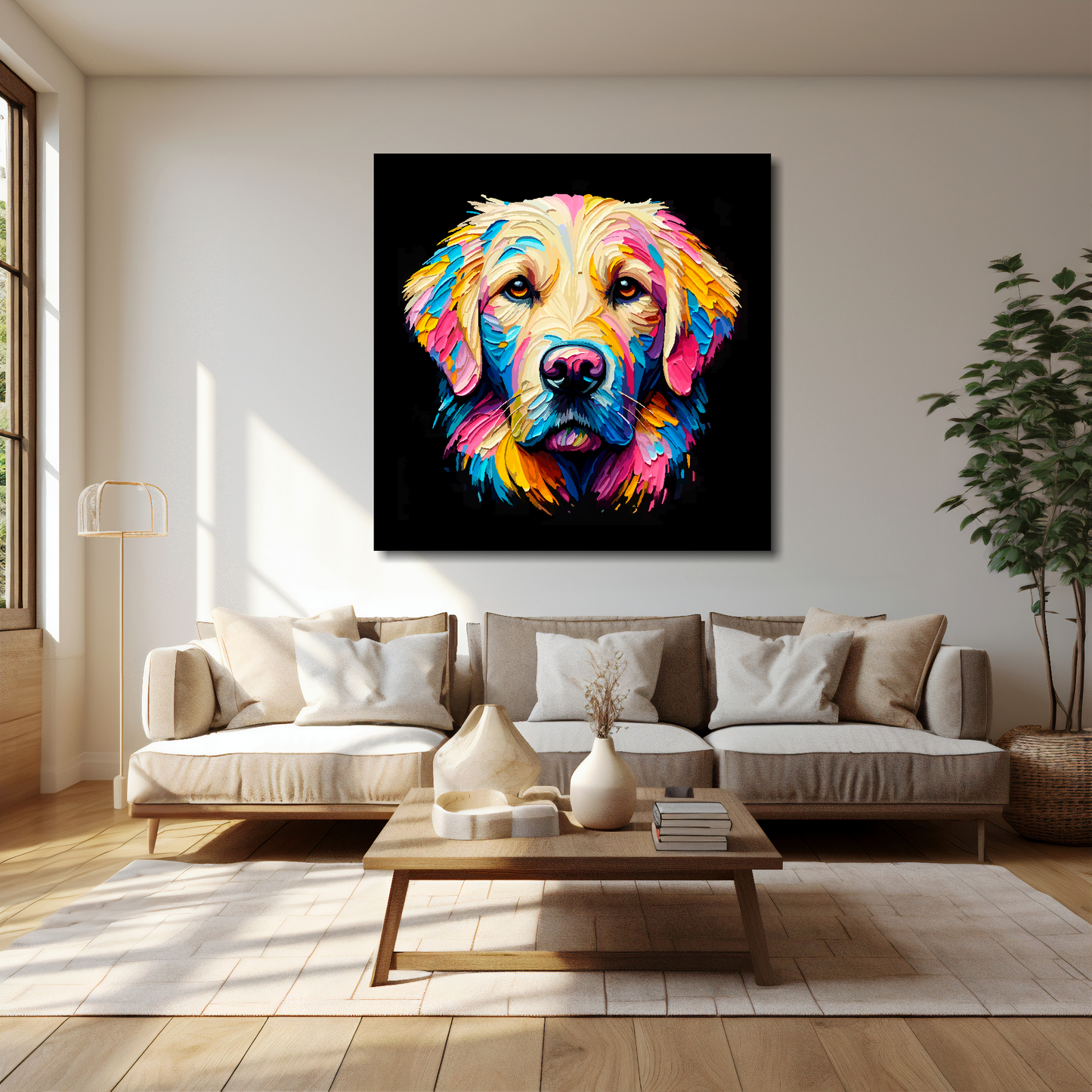 40 inch by 40 inch canvas print featuring a multi-coloured Goldador dog portrait. Mounted on a cream wall above a cream sofa with decorative pillows.