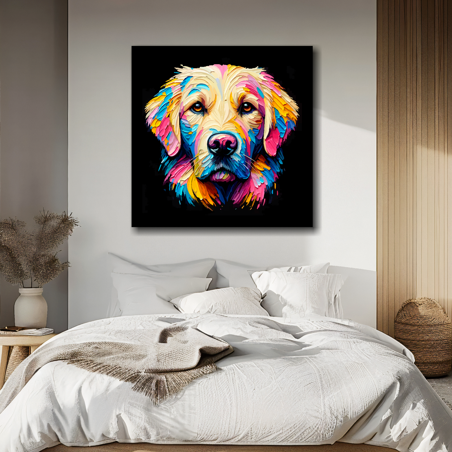 Canvas print featuring a multi-coloured Goldador dog portrait. Mounted on a white wall above a double bed.