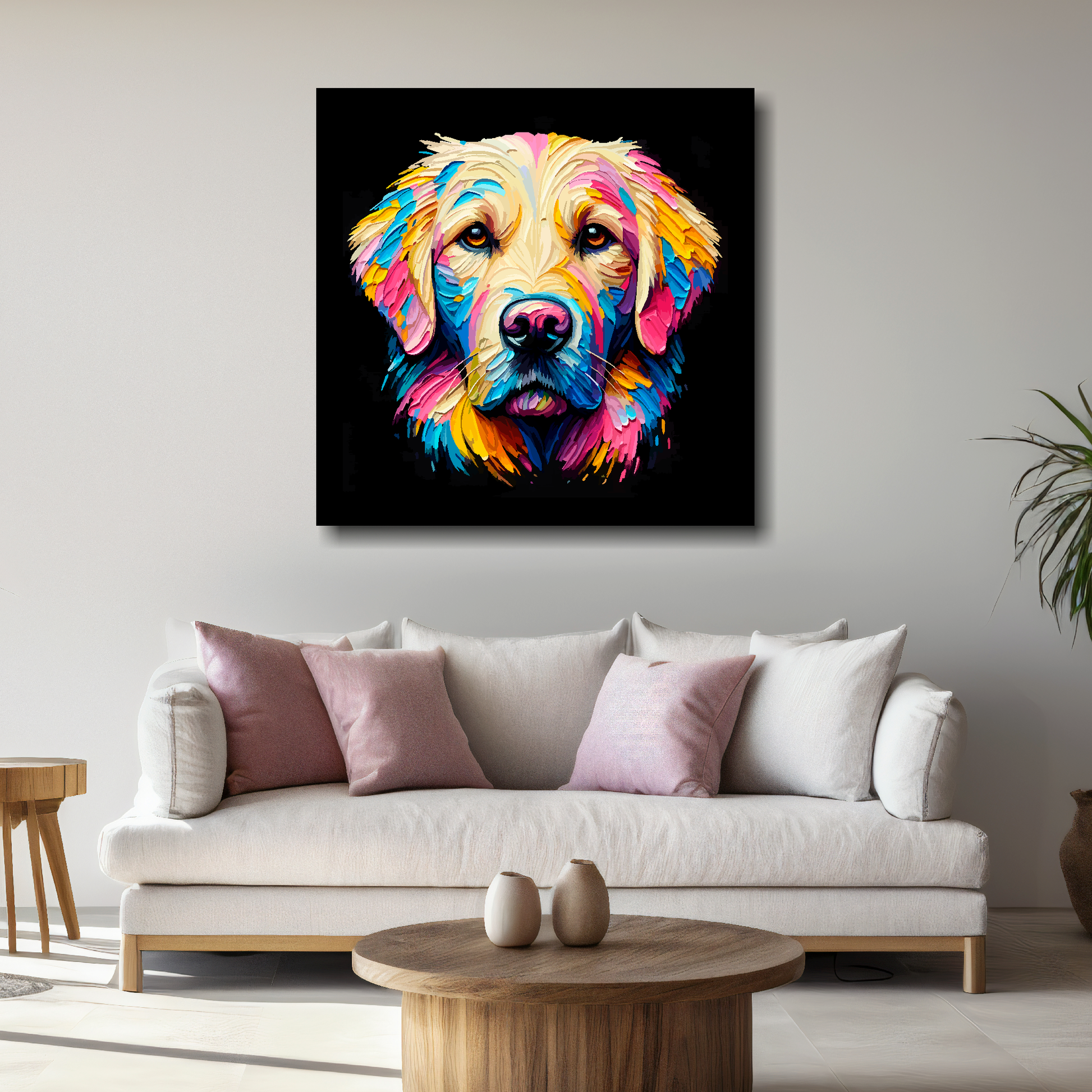 Large canvas print featuring a multi-coloured Goldador dog portrait. Mounted on a white wall above a white sofa with decorative pillows.