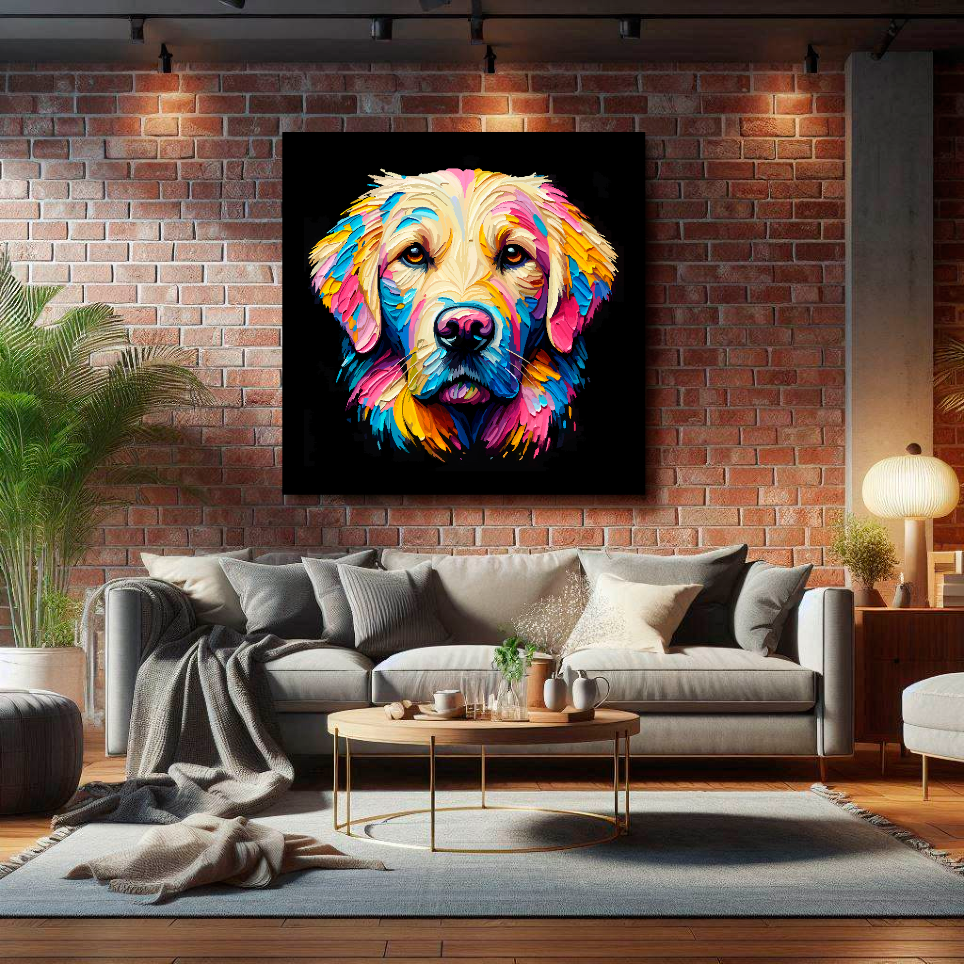 XL canvas print featuring a multi-coloured Goldador dog portrait. Mounted on a lounge brick wall above a grey sofa with decorative pillows.