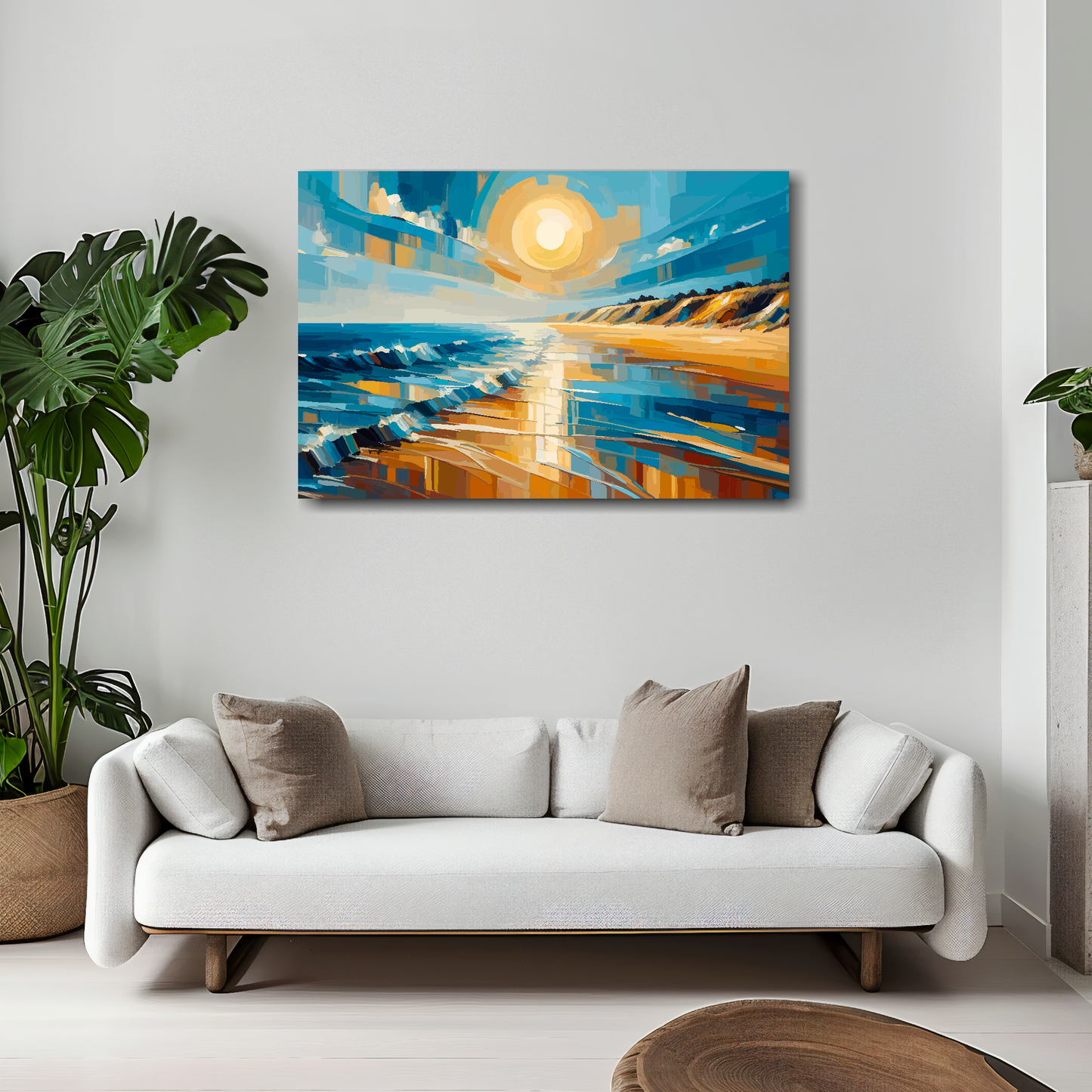 30 inch by 20 inch abstract canvas print of a golden beach landscape. Mounted on a white wall above a white sofa with decorative pillows.