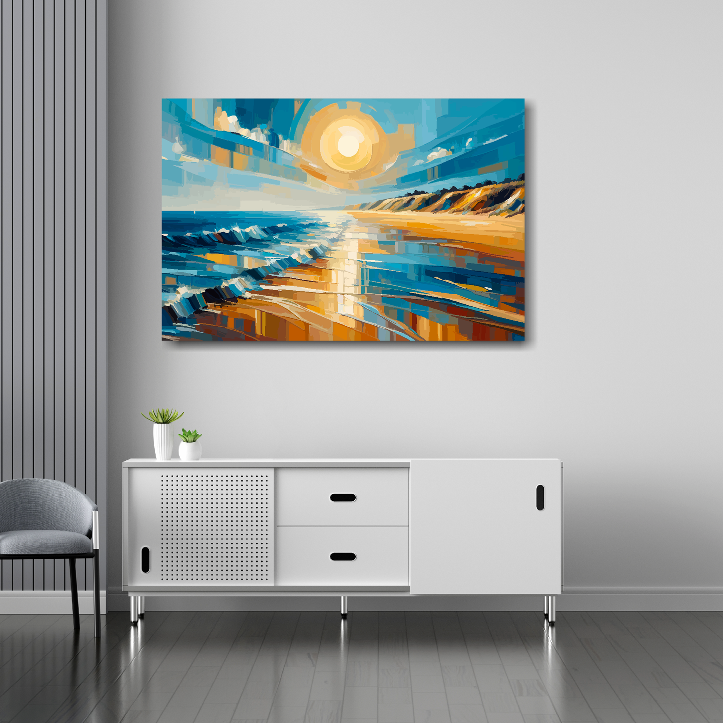 30 inch by 20 inch abstract canvas print of a golden beach landscape. Mounted on a white wall above a white sideboard.