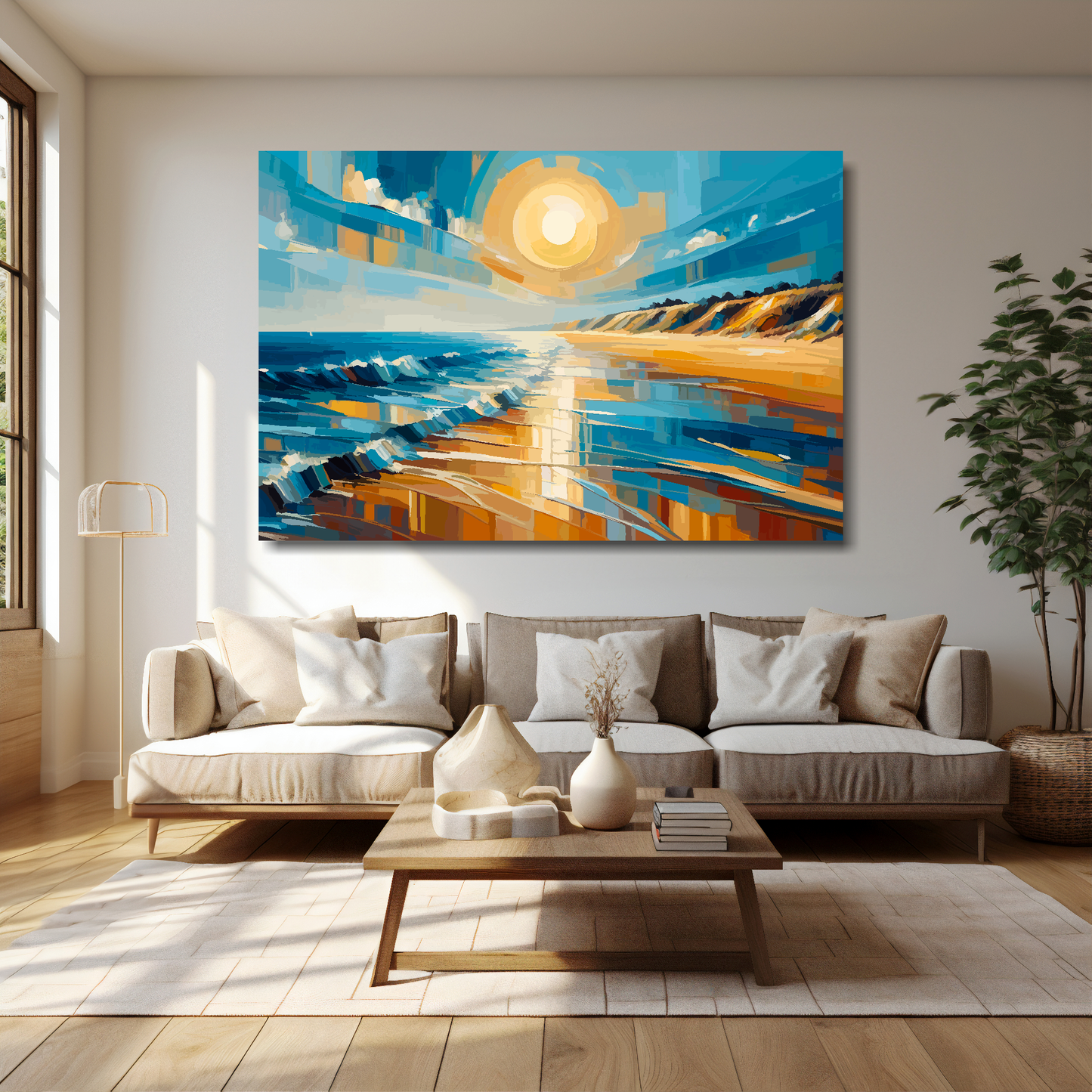 60 inch by 40 inch abstract canvas print of a golden beach landscape. Mounted on a cream wall above a cream sofa with decorative pillows.