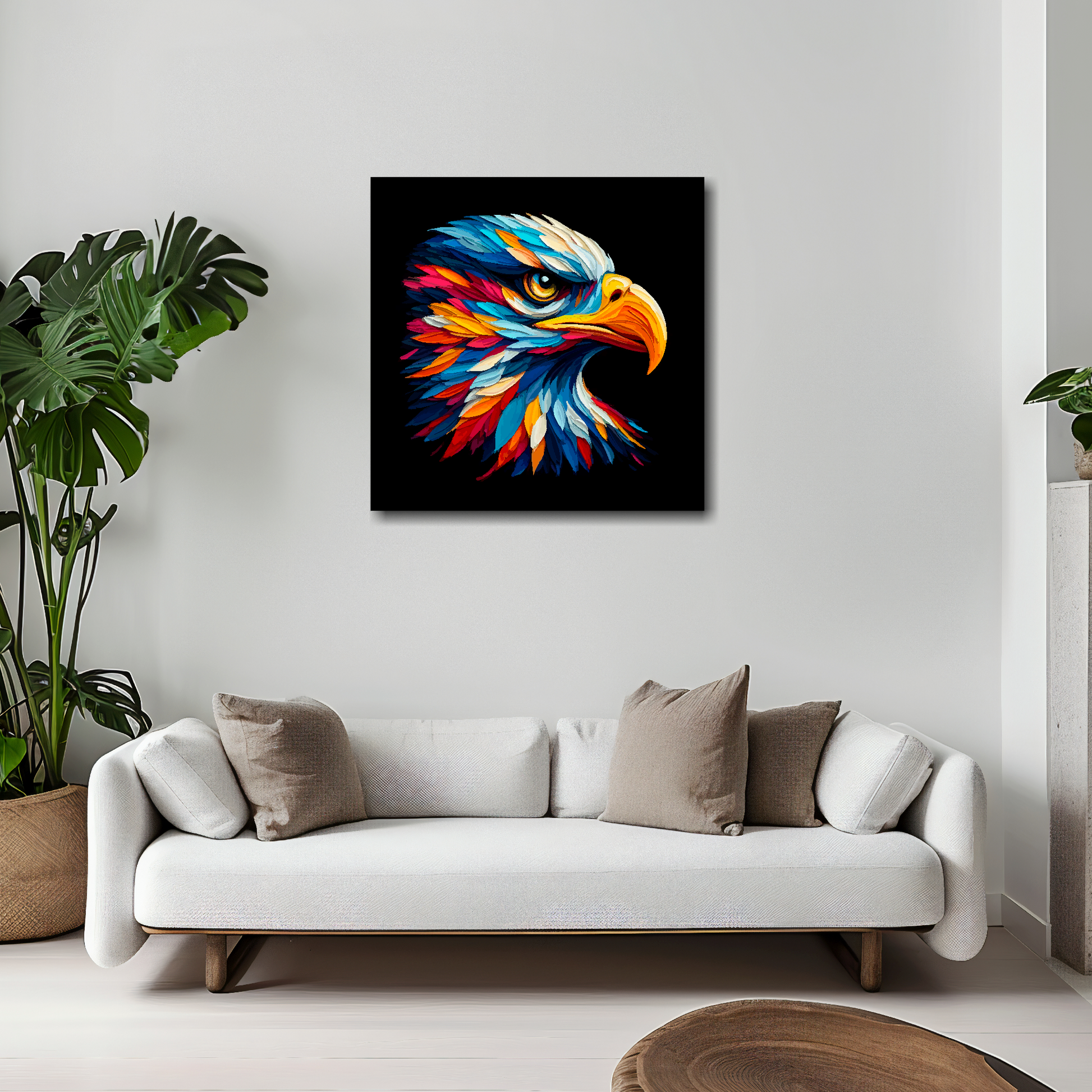 20 inch by 20 inch square canvas of a colourful Golden Eagle portrait on a black background. Mounted on a white wall above a white sofa with decorative pillows.