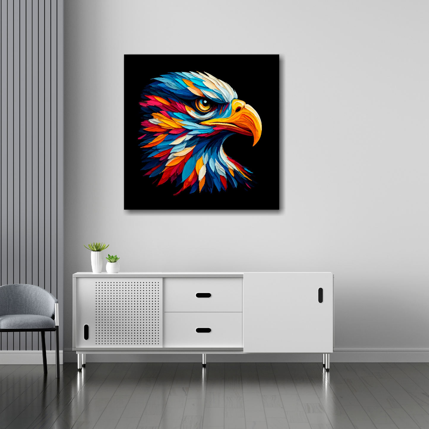 30 inch by 30 inch square canvas of a colourful Golden Eagle portrait on a black background. Mounted on a white wall above a white sideboard.