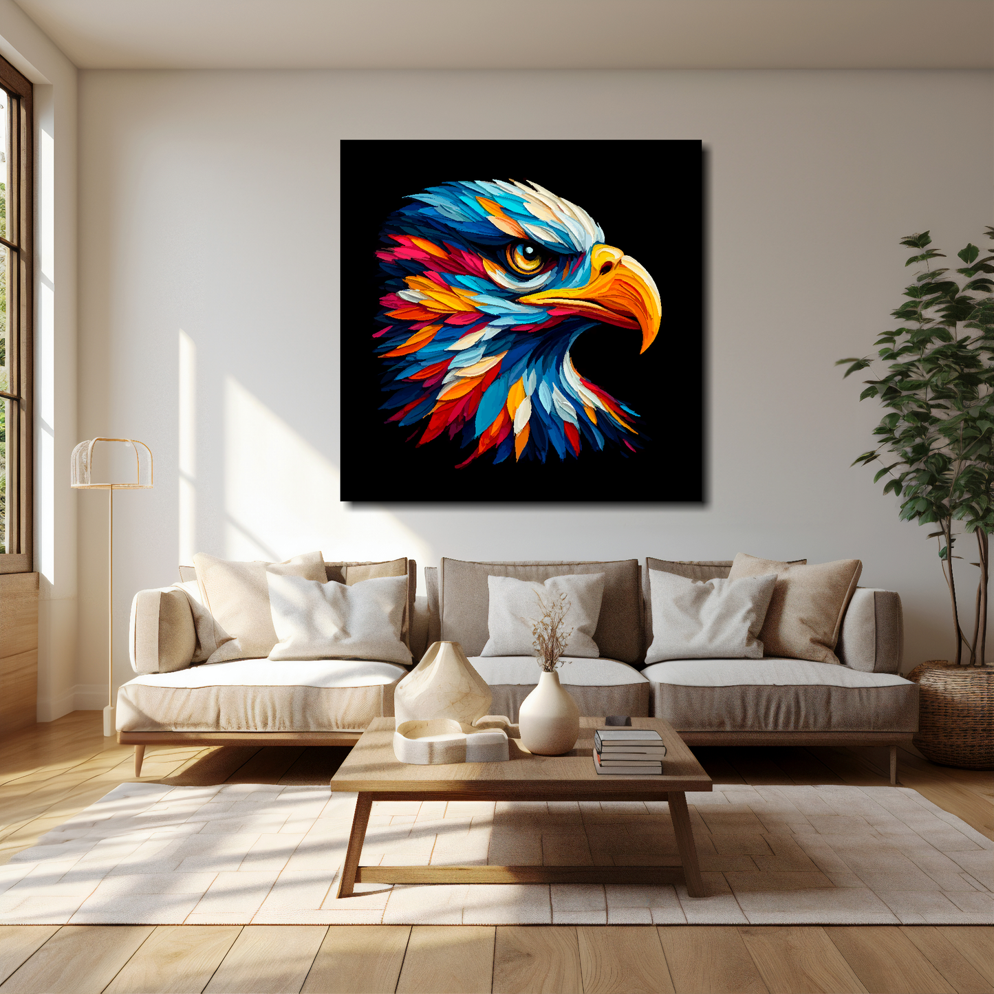 40 inch by 40 inch square canvas of a colourful Golden Eagle portrait on a black background. Mounted on a white wall above a cream sofa with decorative pillows.