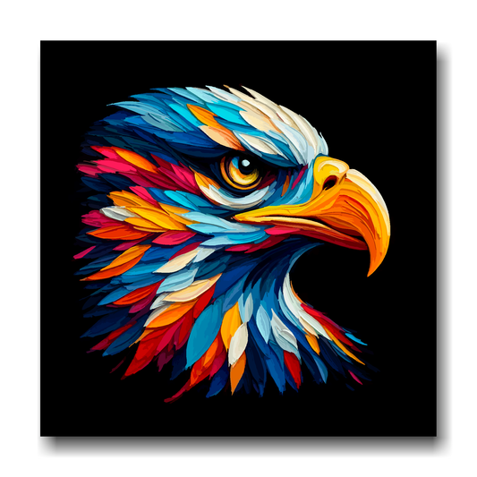 Large canvas wall art - A vibrant multi-coloured head portrait of a Golden Eagle. Available in 3 large sizes.
