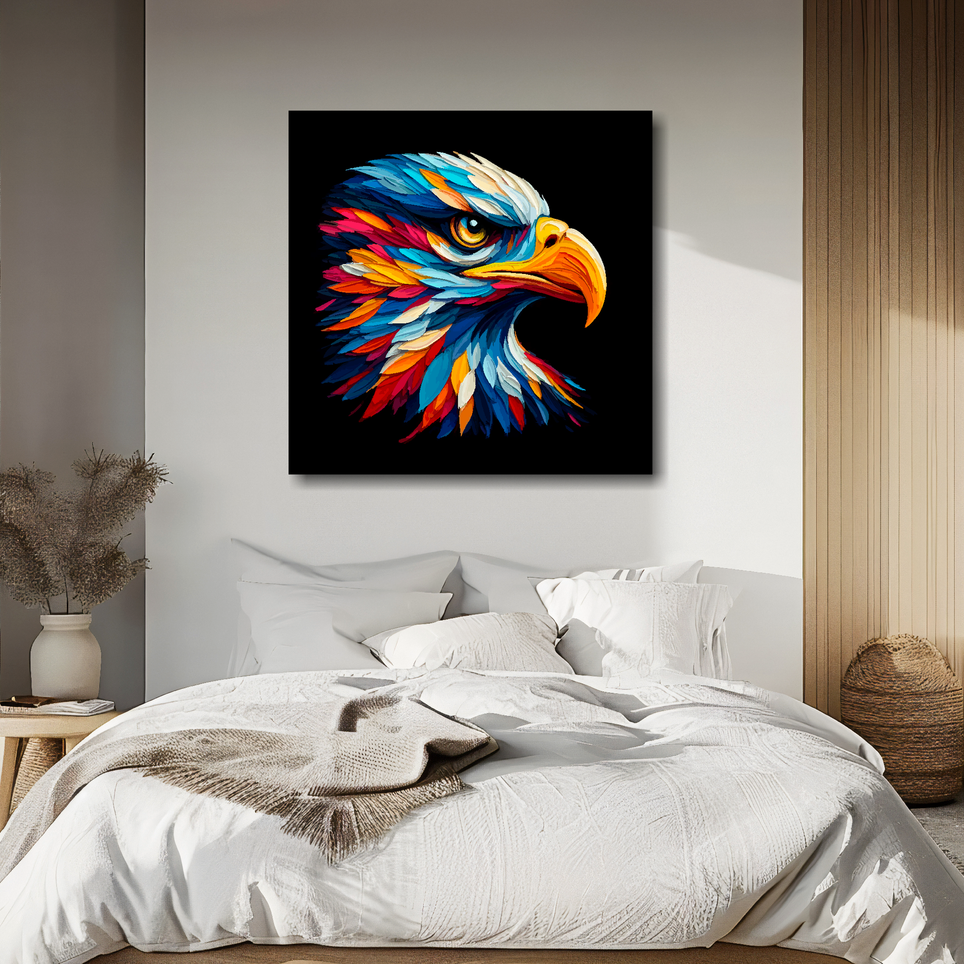 Large canvas wall art - A vibrant multi-coloured head portrait of a Golden Eagle. Available in 3 large sizes.