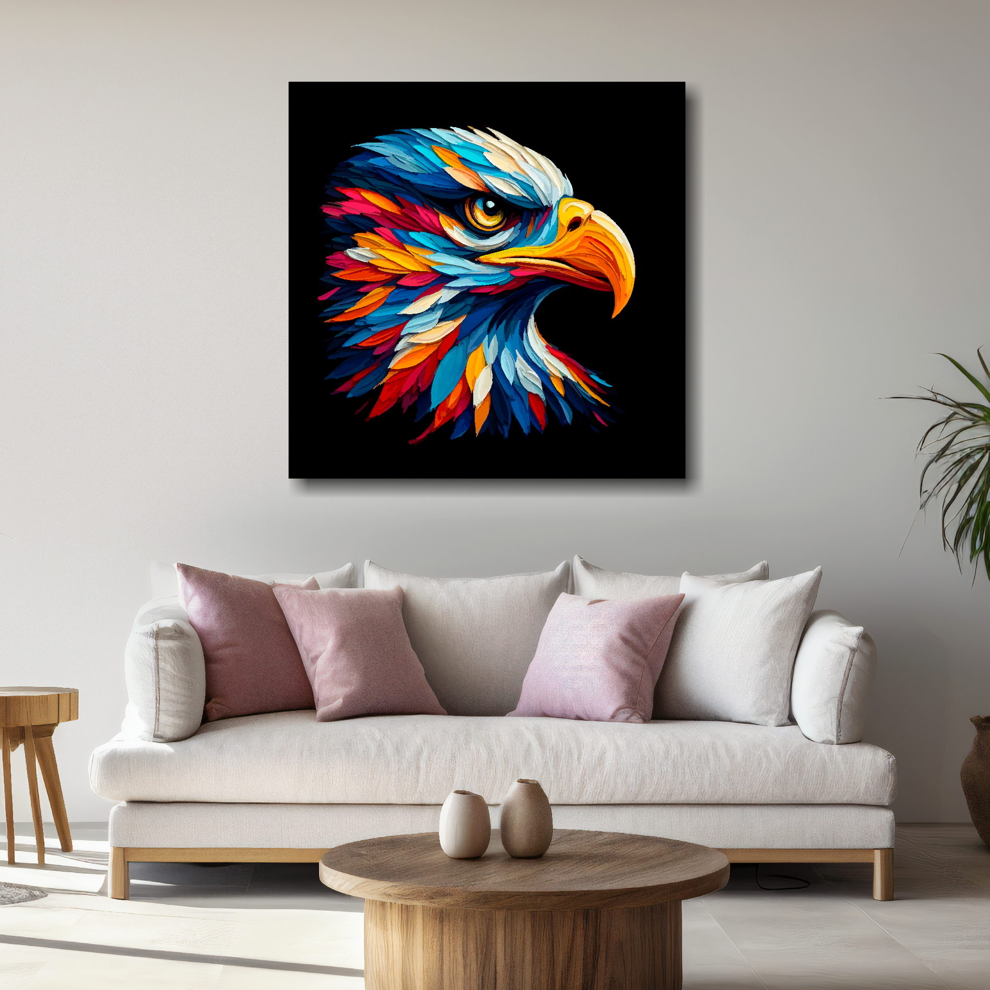 Large canvas wall art - A vibrant multi-coloured head portrait of a Golden Eagle. Available in 3 large sizes.