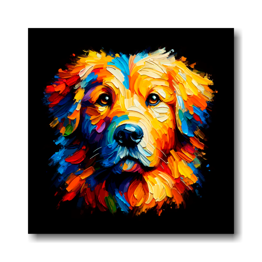 Colourful abstract painting of a Golden Retriever's face on a black background.