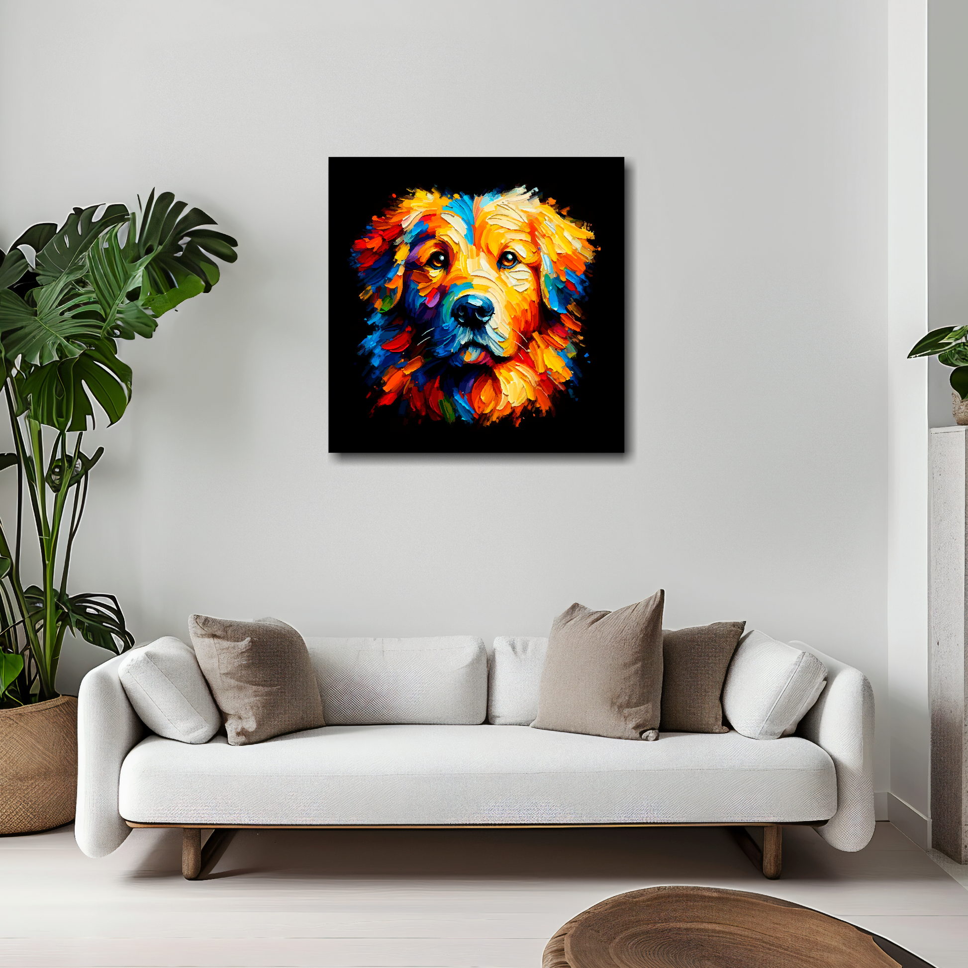 20 inch by 20 inch square canvas featuring a multi-coloured Golden Retriever dog portrait. Mounted on a white wall above a white sofa with decorative pillows.