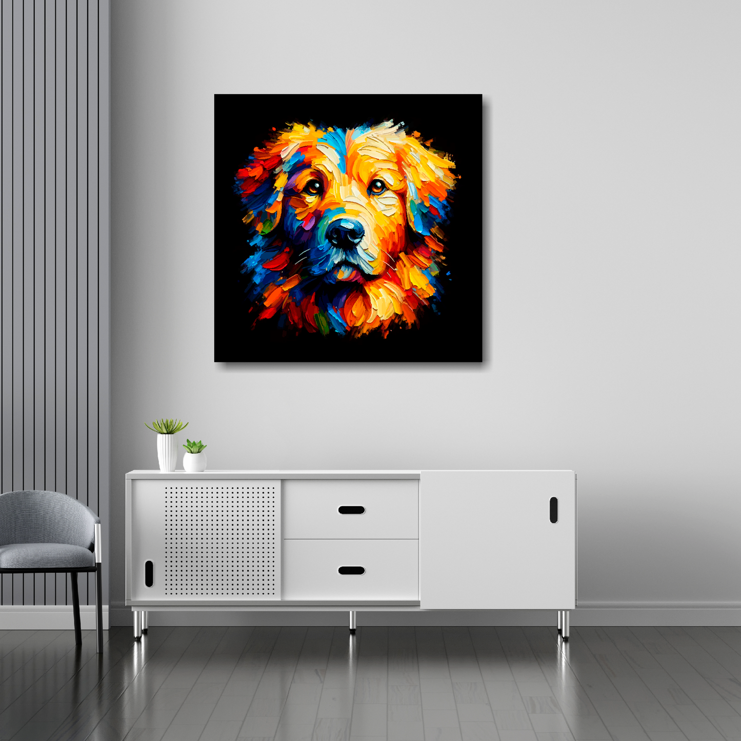 30 inch by 30 inch square canvas featuring a multi-coloured Golden Retriever dog portrait. Mounted on a white wall above a white sideboard.