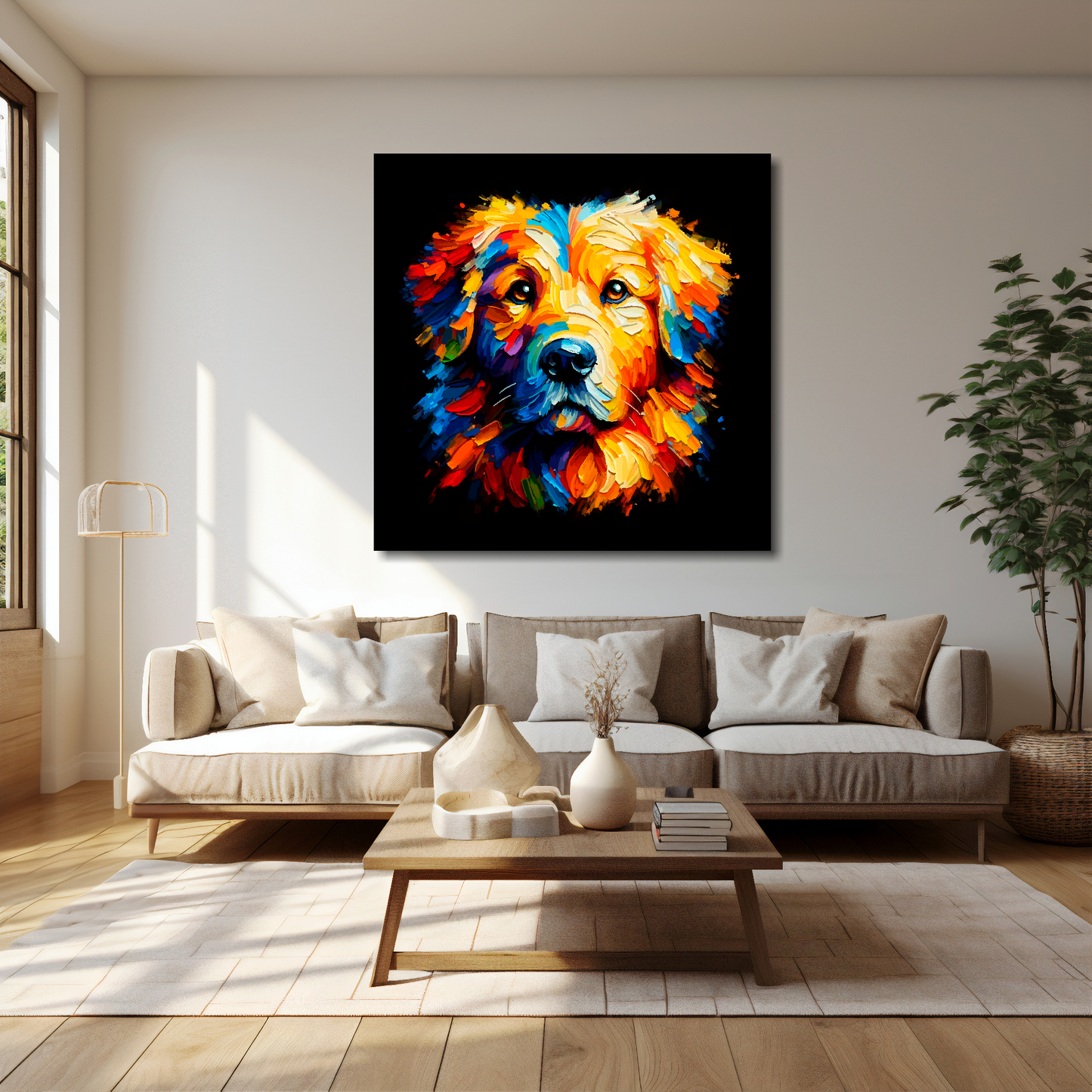 40 inch by 40 inch canvas featuring a multi-coloured Golden Retriever dog portrait. Mounted on a cream wall above a cream sofa with decorative pillows.