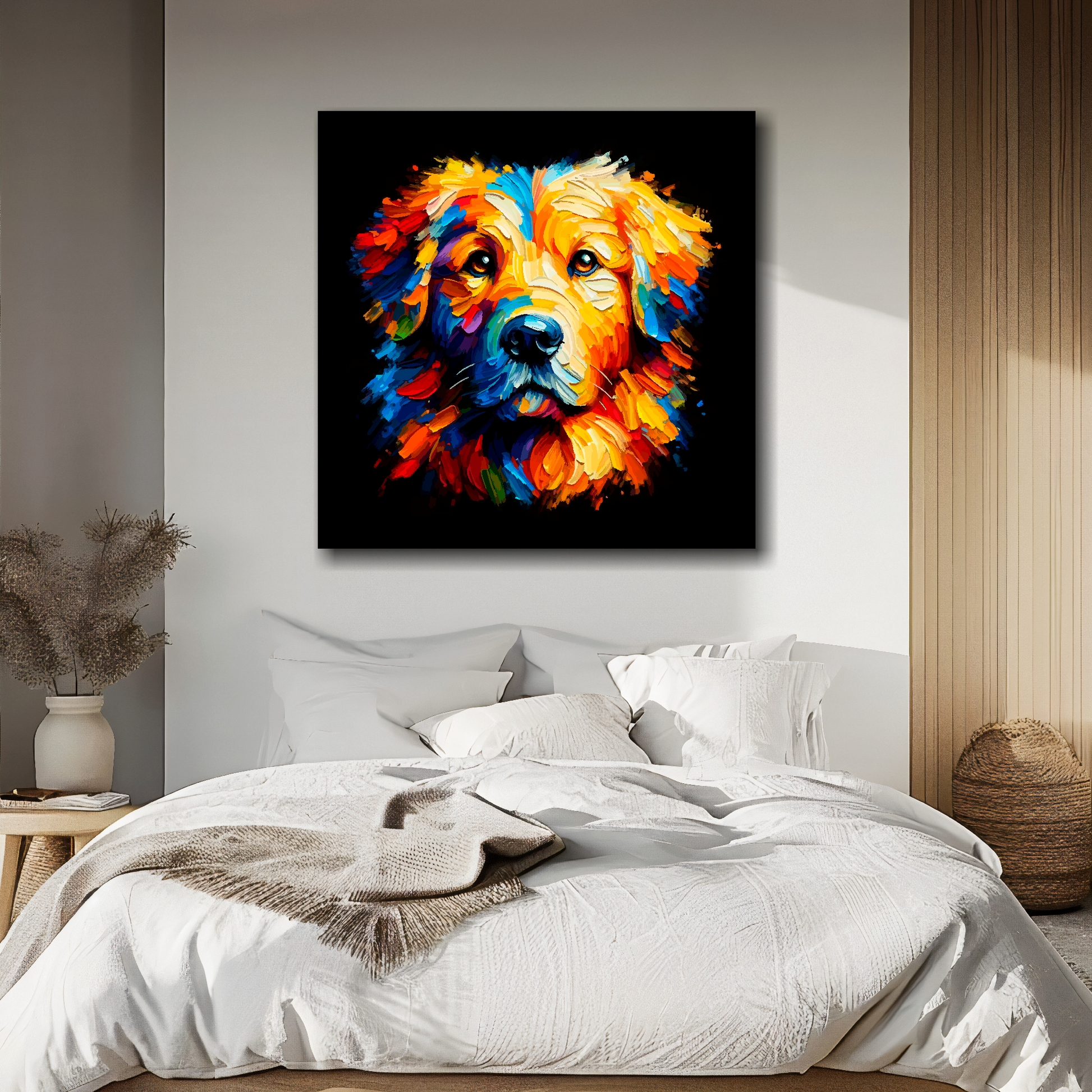Square canvas featuring a multi-coloured Golden Retriever dog portrait. Mounted on a white wall above a double bed.