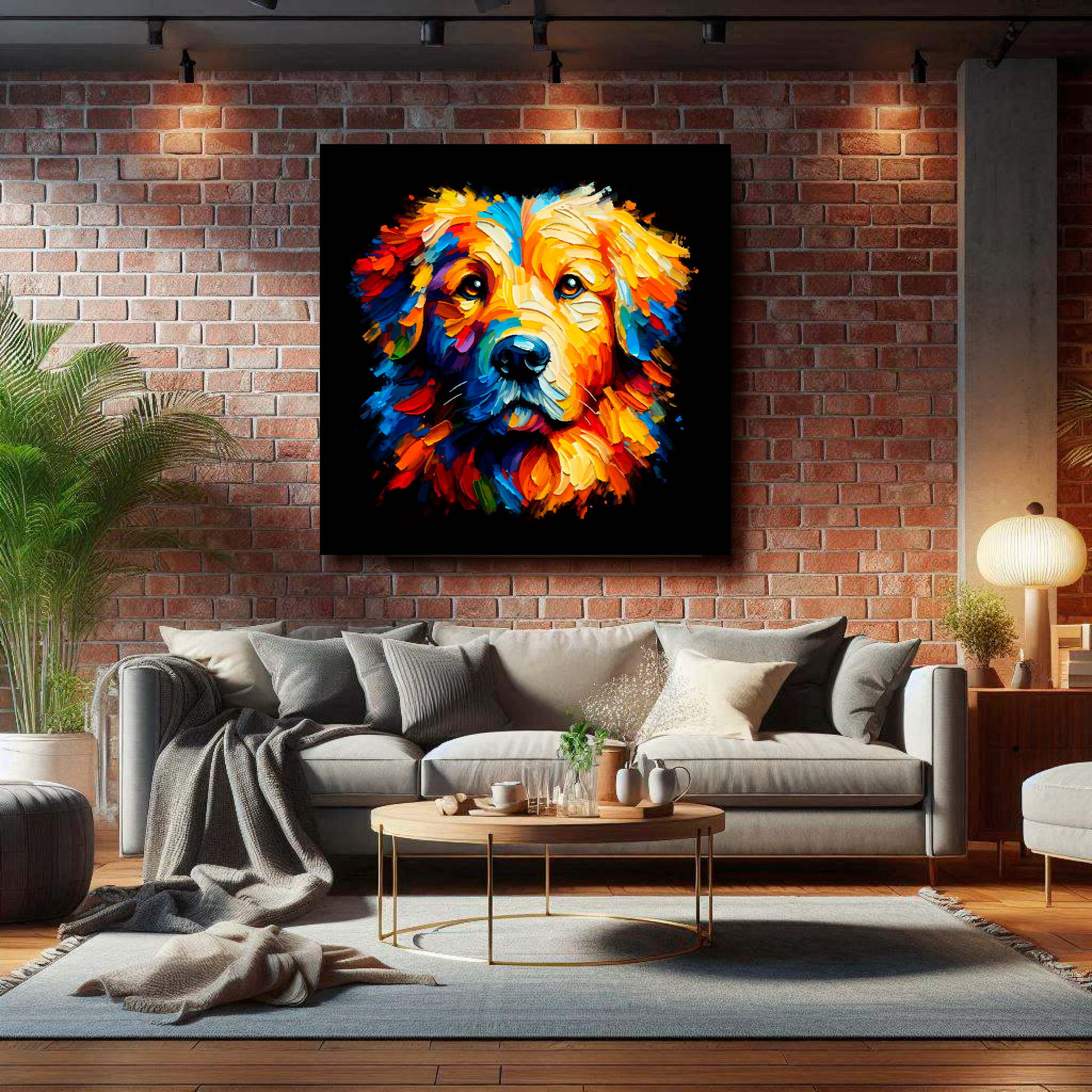 Large square canvas featuring a multi-coloured Golden Retriever dog portrait. Mounted on a brick wall above a grey sofa with decorative pillows.