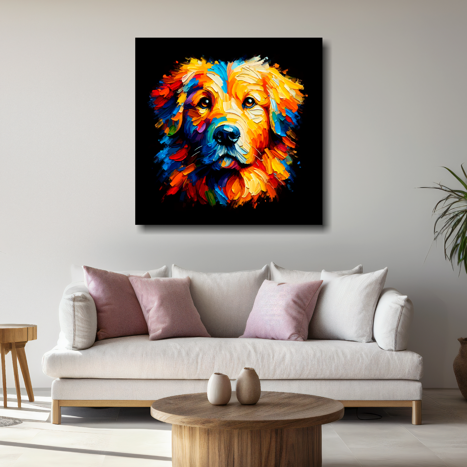 Large canvas featuring a multi-coloured Golden Retriever dog portrait. Mounted on a white wall above a white sofa with decorative pillows.