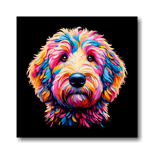 Colourful painting of a Goldendoodle dog's face on a black background.