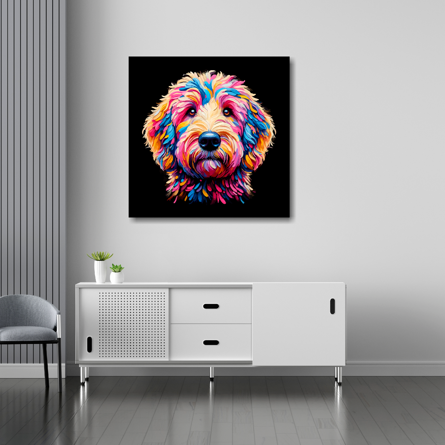 30 inch by 30 inch canvas print featuring a multi-coloured Goldendoodle dog portrait. Mounted on a white wall above a white sideboard.