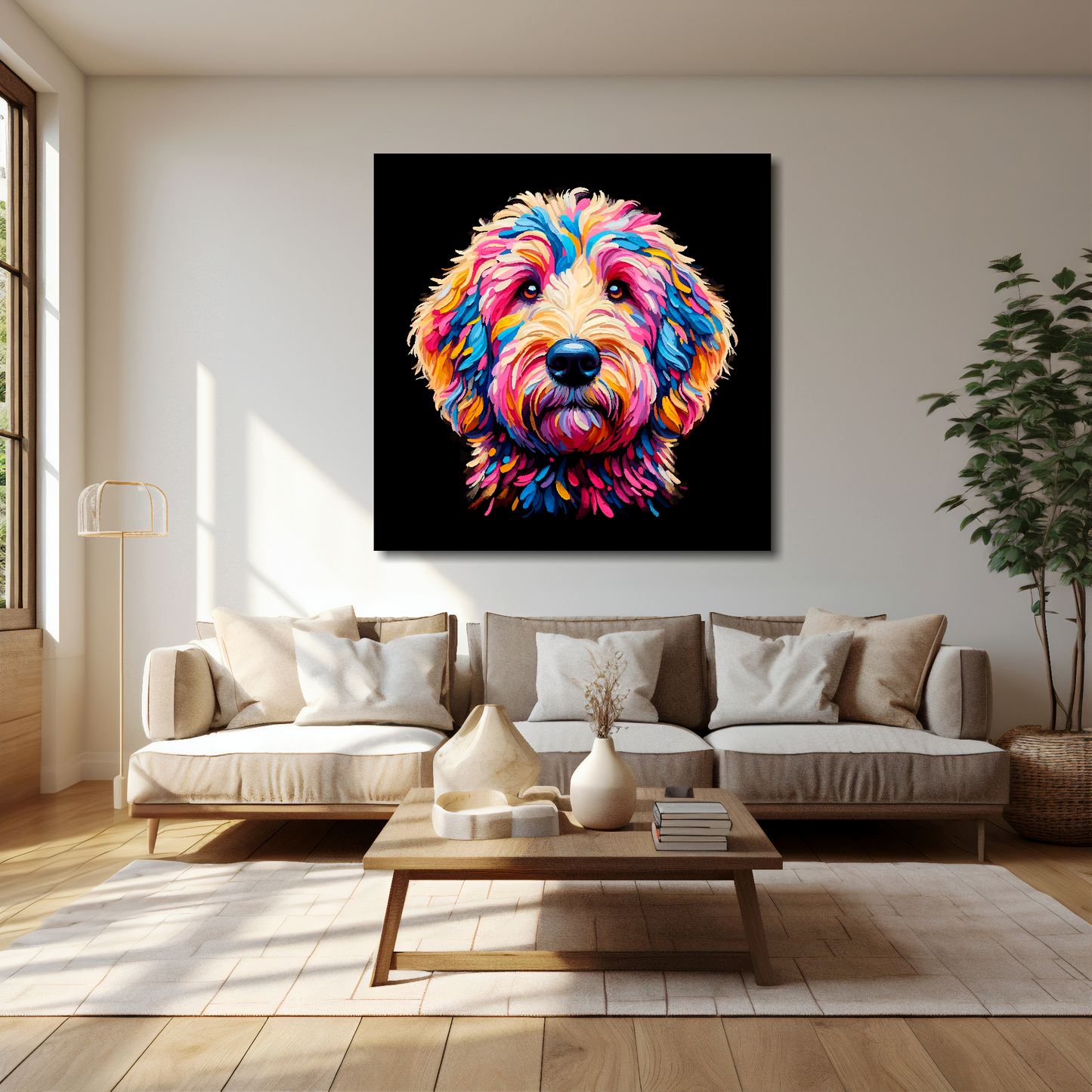 40 inch by 40 inch canvas print featuring a multi-coloured Goldendoodle dog portrait. Mounted on a cream wall above a cream sofa with decorative pillows.