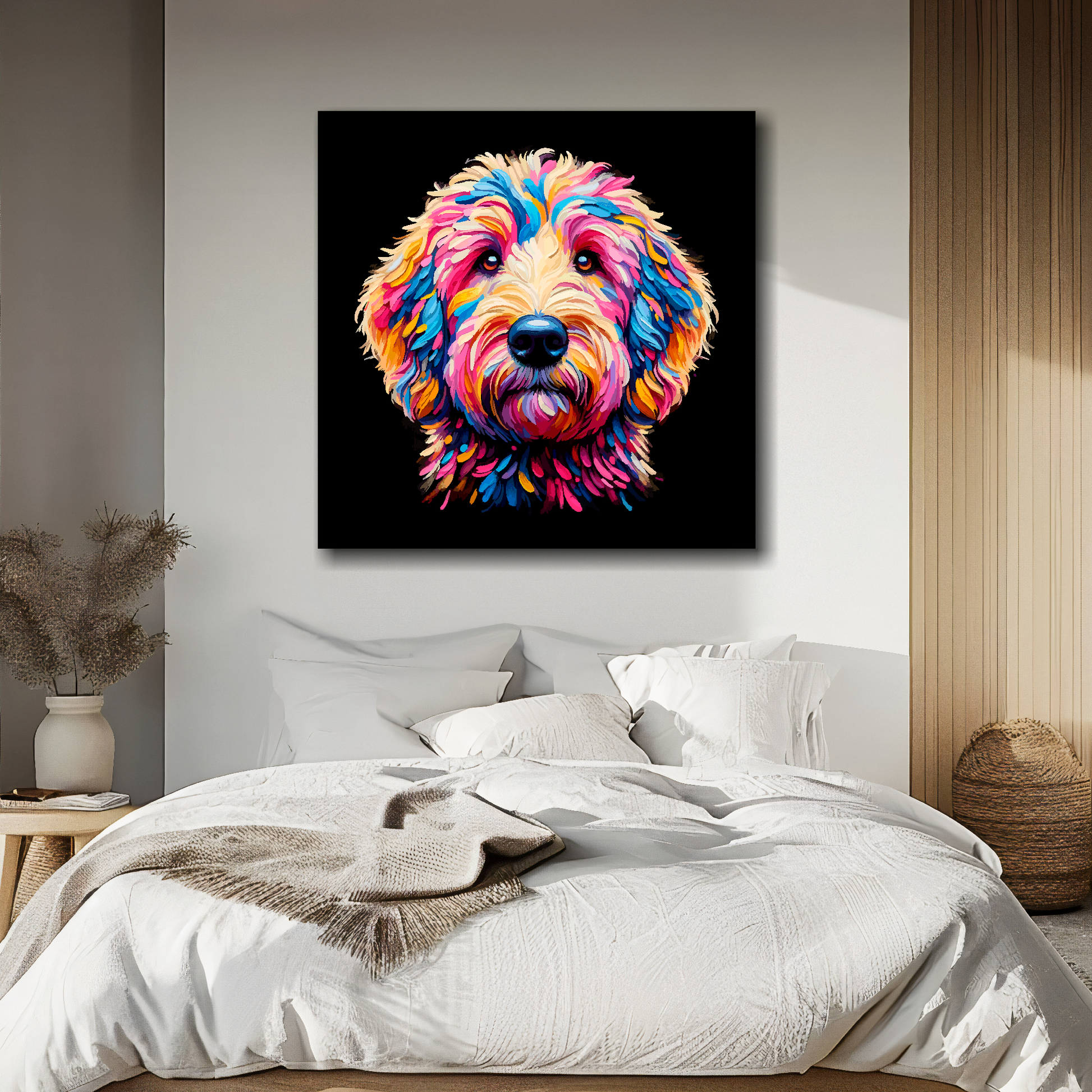 Canvas print featuring a multi-coloured Goldendoodle dog portrait. Mounted on a white wall above a double bed.