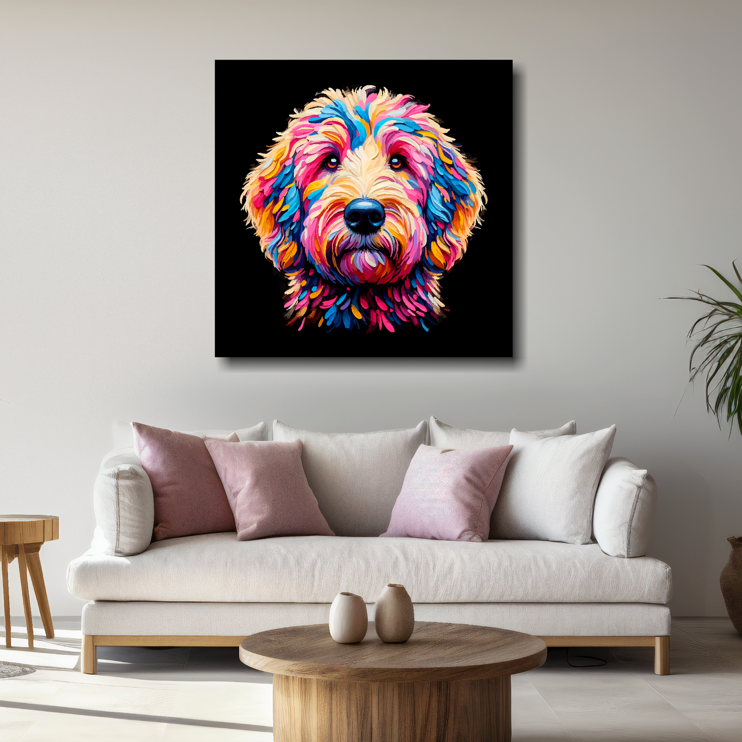 Large canvas print featuring a multi-coloured Goldendoodle dog portrait. Mounted on a white wall above a white sofa with decorative pillows.