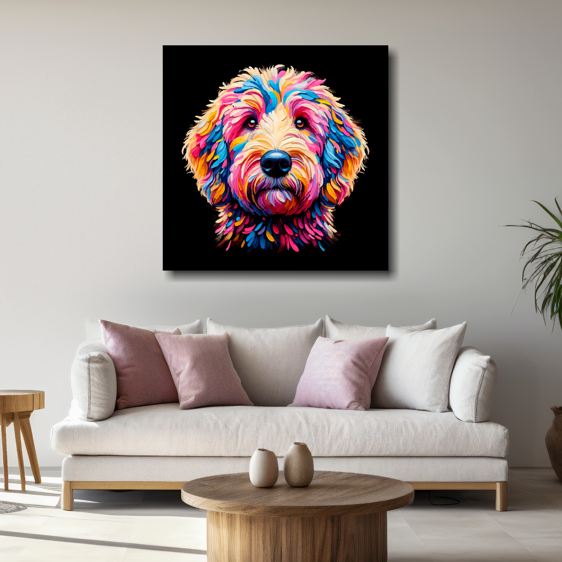 Large canvas print featuring a multi-coloured Goldendoodle dog portrait. Mounted on a white wall above a white sofa with decorative pillows.
