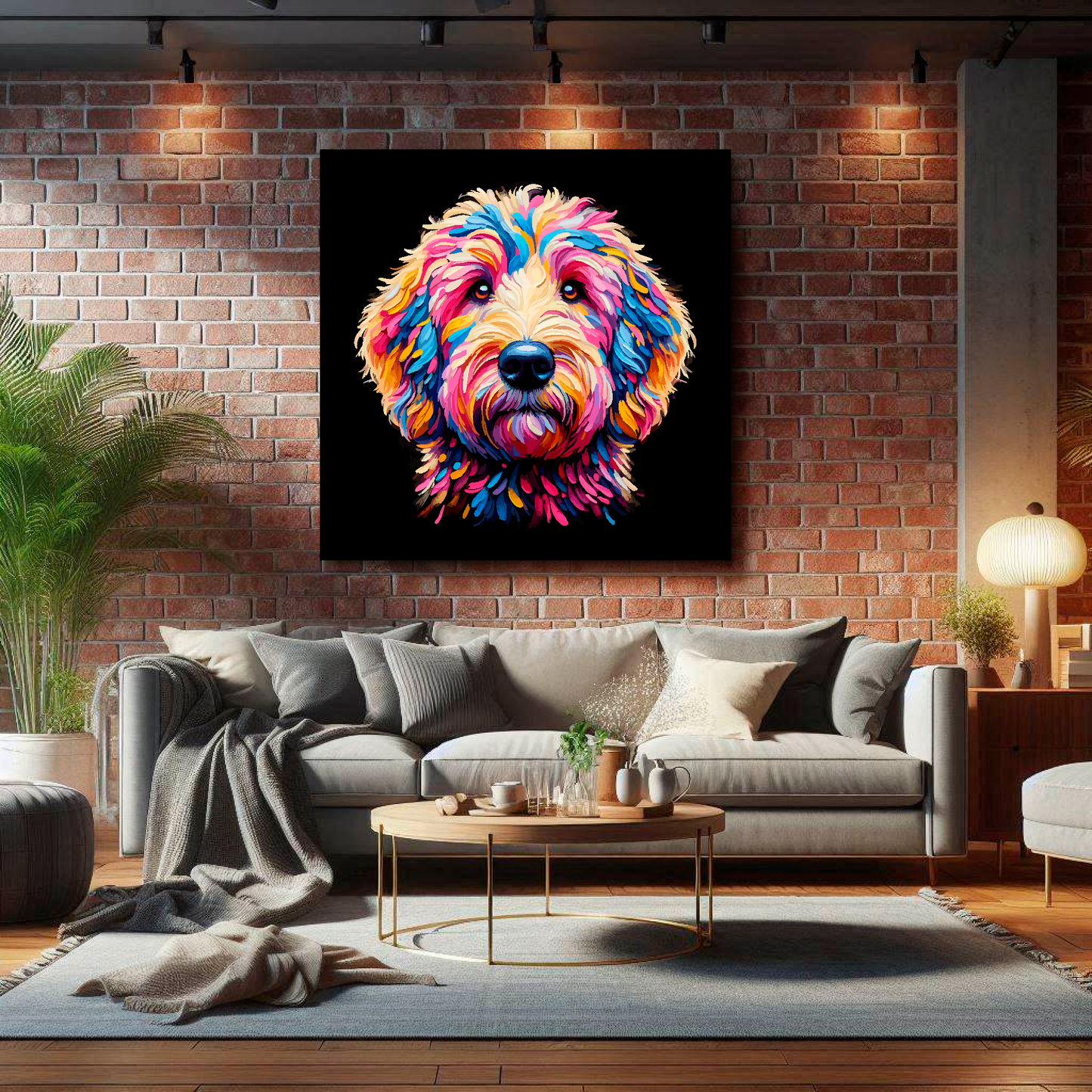 XL canvas print featuring a multi-coloured Goldendoodle dog portrait. Mounted on a lounge briack wall above a grey sofa with decorative pillows.