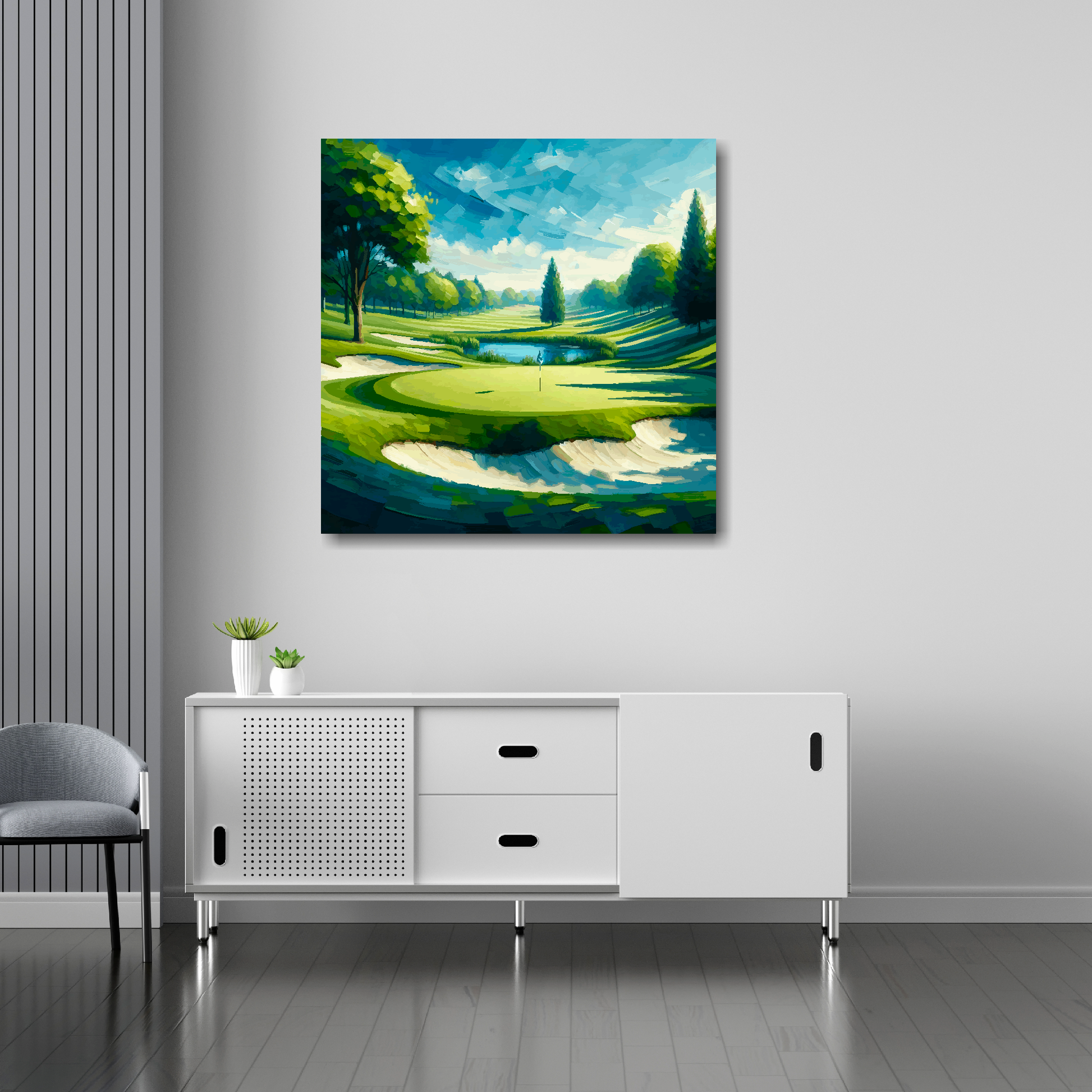 Golf landscape canvas 30x30 inches above sideboard - large colourful sports art UK made
