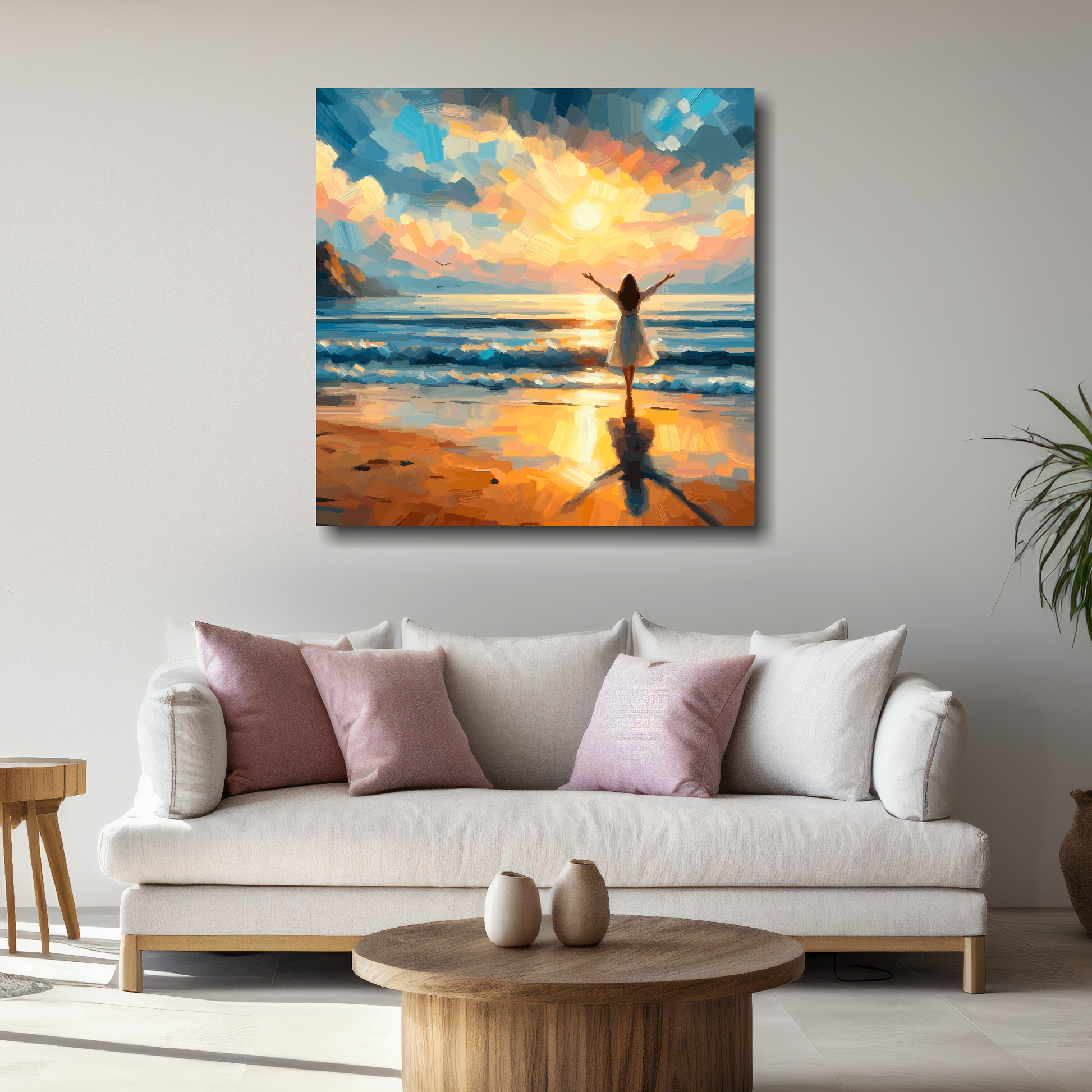 Large canvas wall art - Vibrant abstract, a woman hails the sun in a beach scene, Available in 3 large sizes.