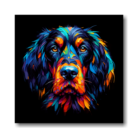 Colourful abstract painting of a Gordon Setter face on a black background