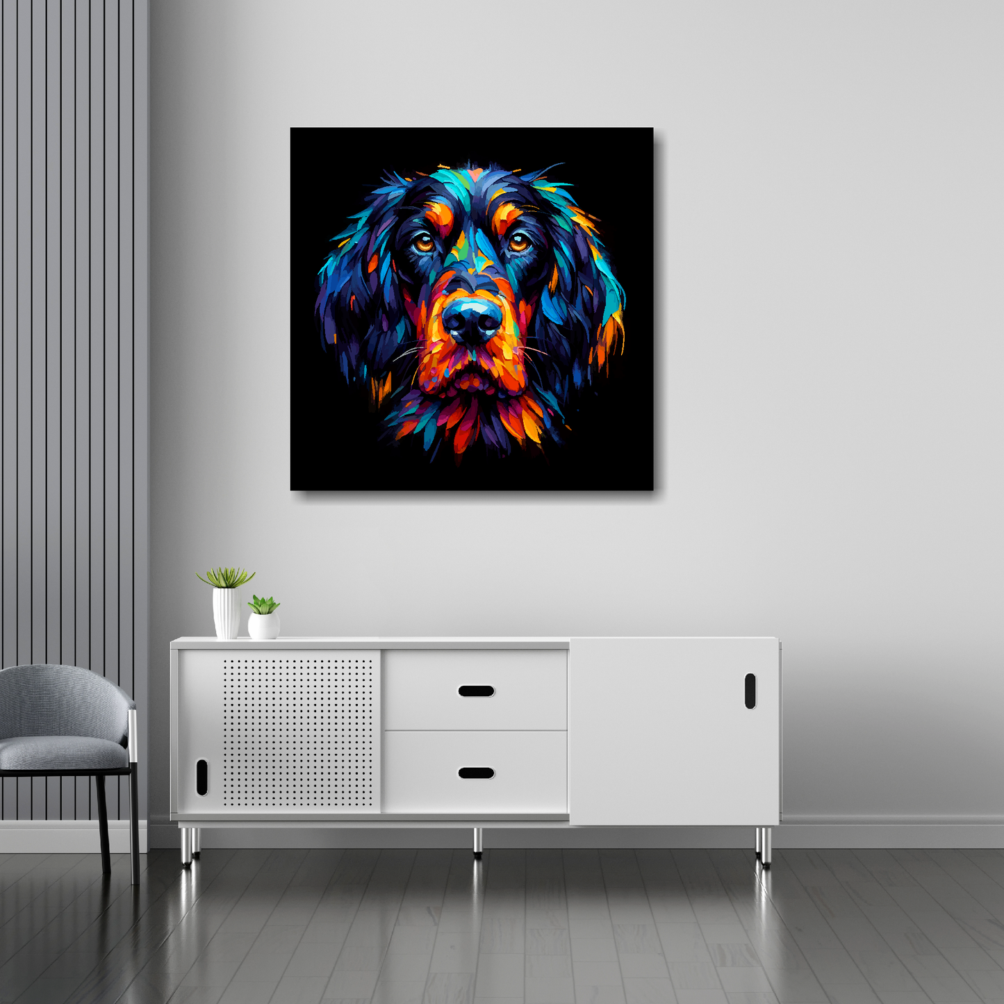 30 inch by 30 inch square canvas featuring a multi-coloured Gordon Setter dog portrait. Mounted on a white wall above a white sideboard.