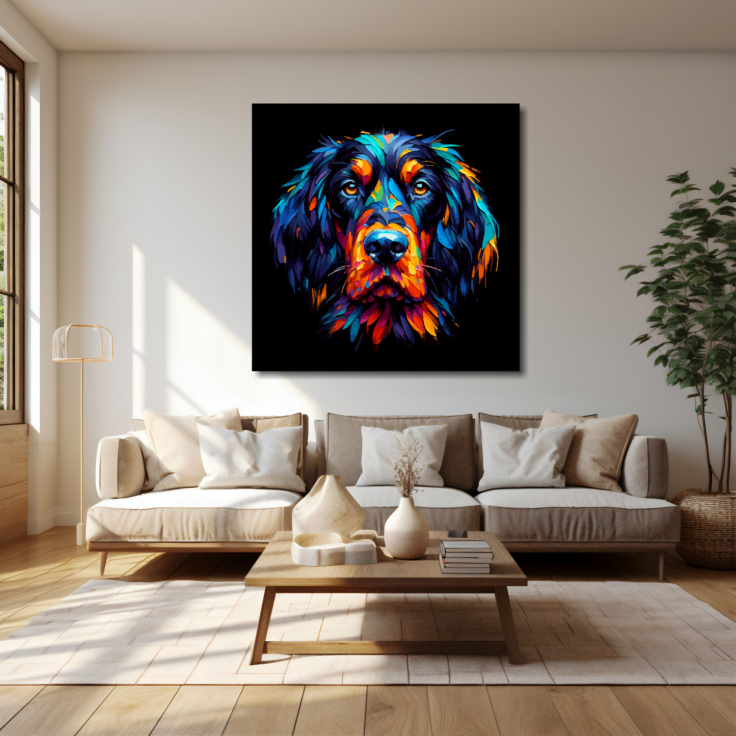 40 inch by 40 inch square canvas featuring a multi-coloured Gordon Setter dog portrait. Mounted on a cream wall above a cream sofa with decorative pillows.