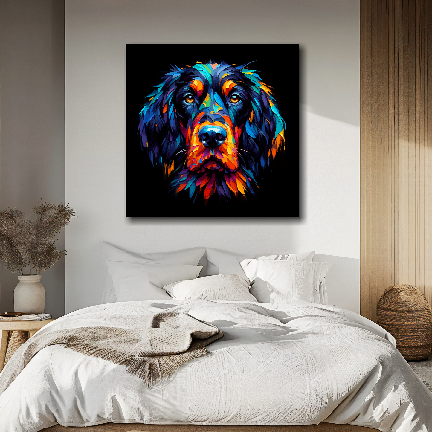 Square canvas featuring a multi-coloured Gordon Setter dog portrait. Mounted on a white wall above a double bed.
