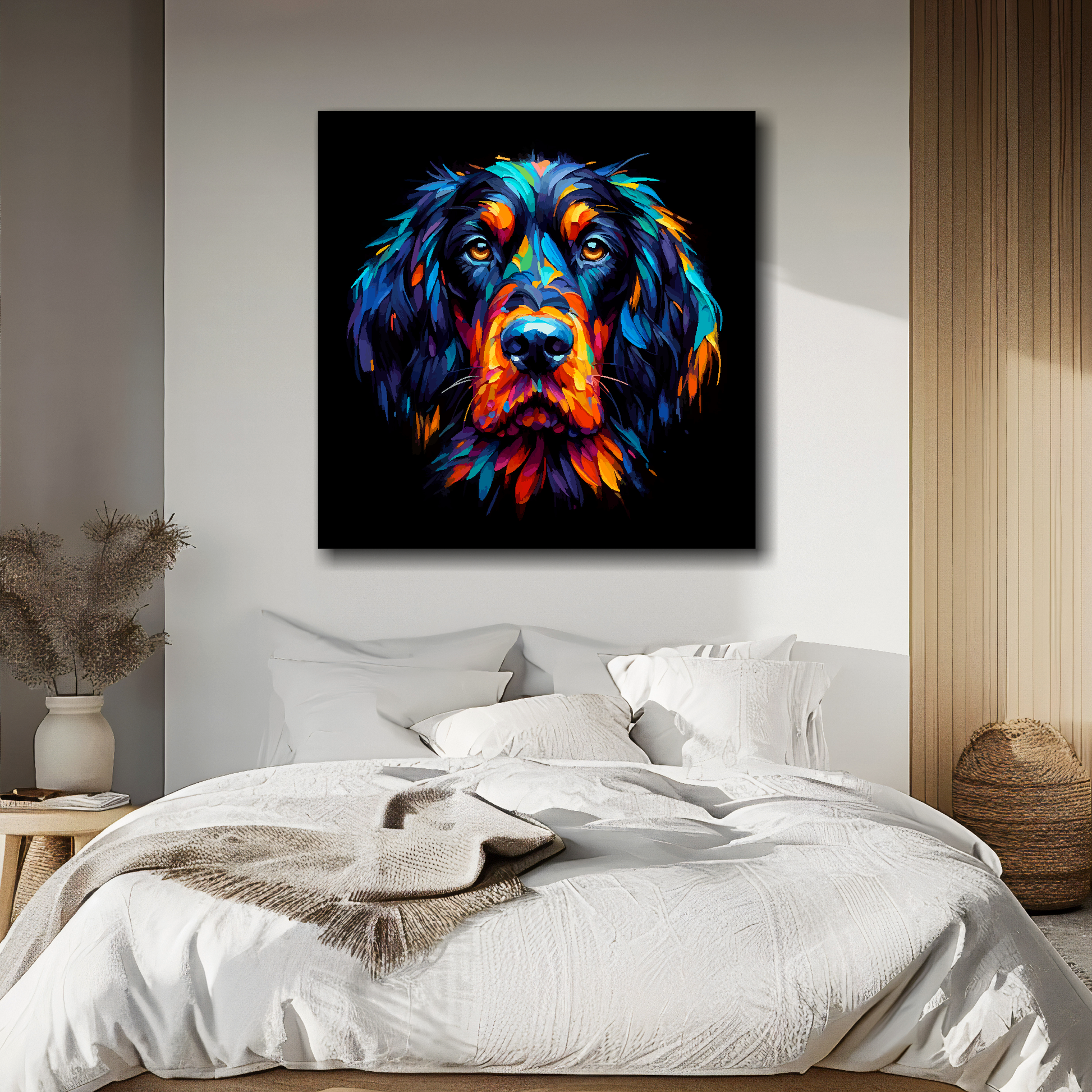 Square canvas featuring a multi-coloured Gordon Setter dog portrait. Mounted on a white wall above a double bed.