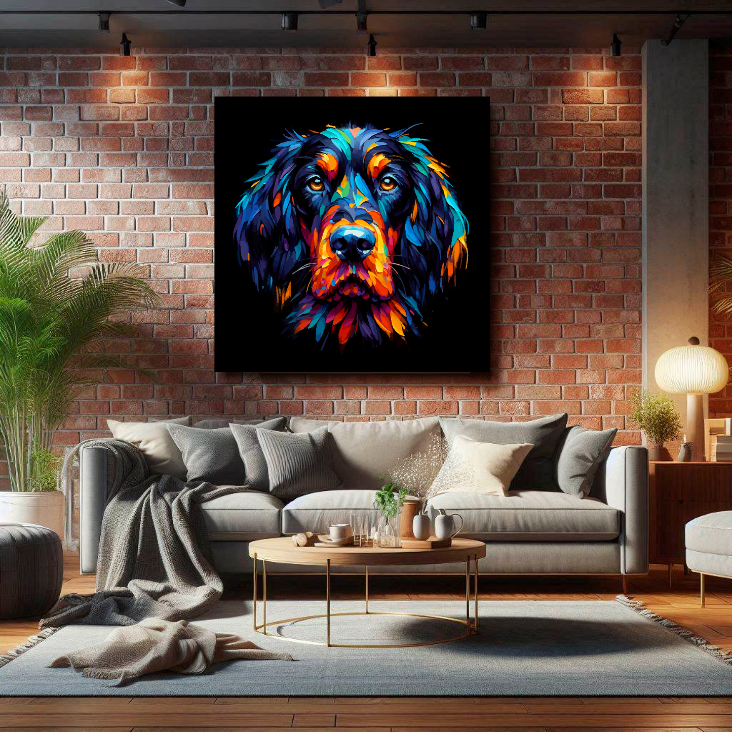 Large canvas featuring a multi-coloured Gordon Setter dog portrait. Mounted on a brick wall above a grey sofa with decorative pillows.