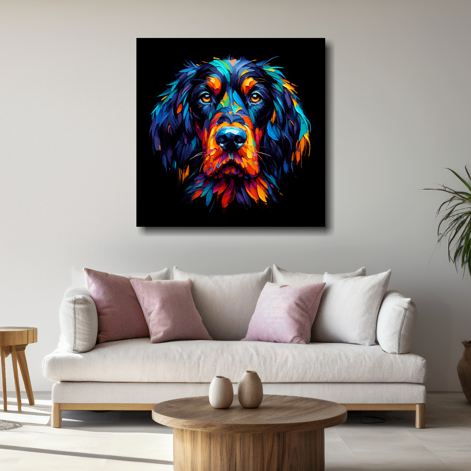 Large canvas featuring a multi-coloured Gordon Setter dog portrait. Mounted on a white wall above a white sofa with decorative pillows.