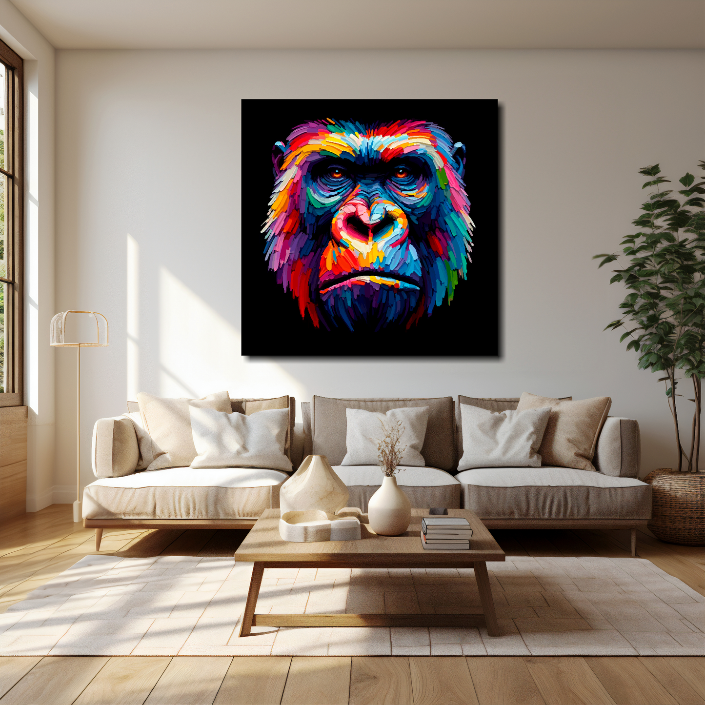 40 inch by 40 inch square canvas of a colouful Gorilla head Portrait on a black background. Mounted on a white wall above a cream sofa with decorative pillows.