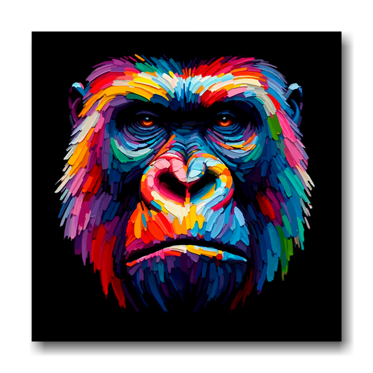Large canvas wall art - A vibrant multi-coloured head portrait of a Gorilla. Available in 3 large sizes.