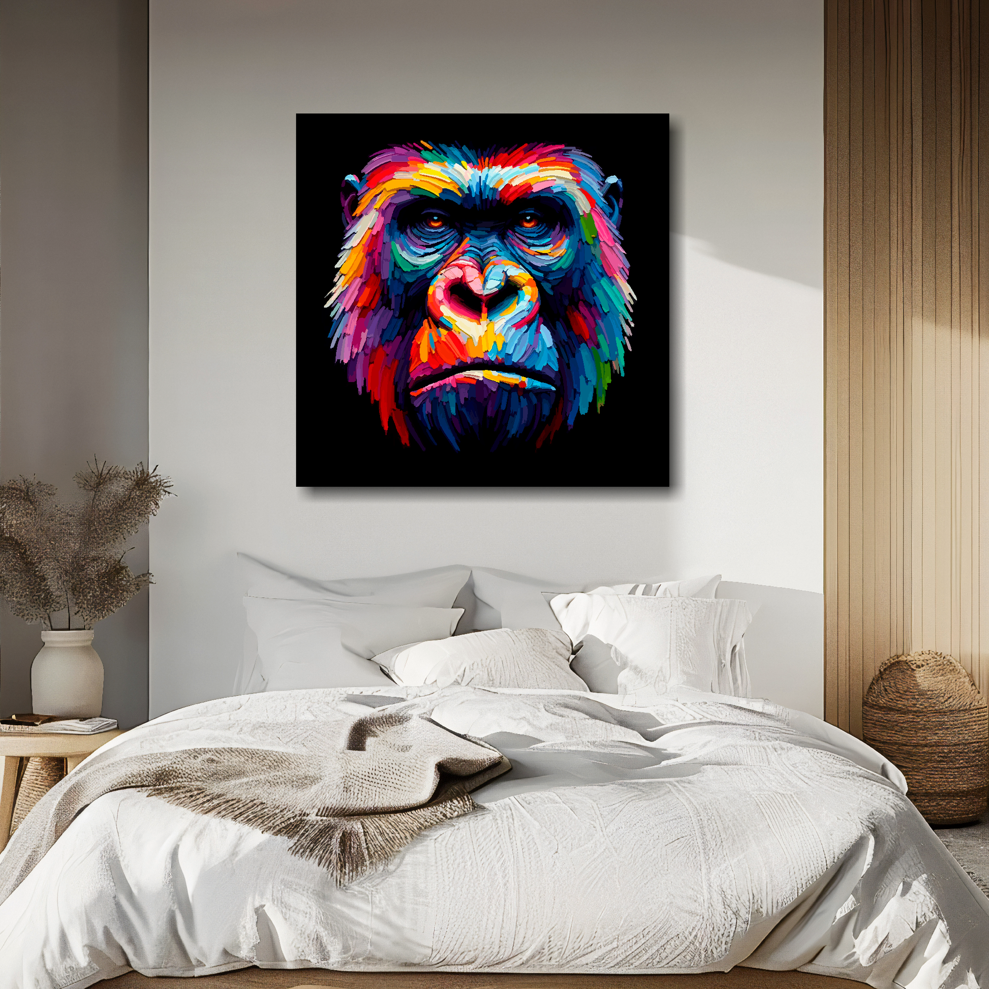 Large canvas wall art - A vibrant multi-coloured head portrait of a Gorilla. Available in 3 large sizes.