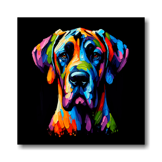 Colourful abstract painting of a Great Dane on a black background.