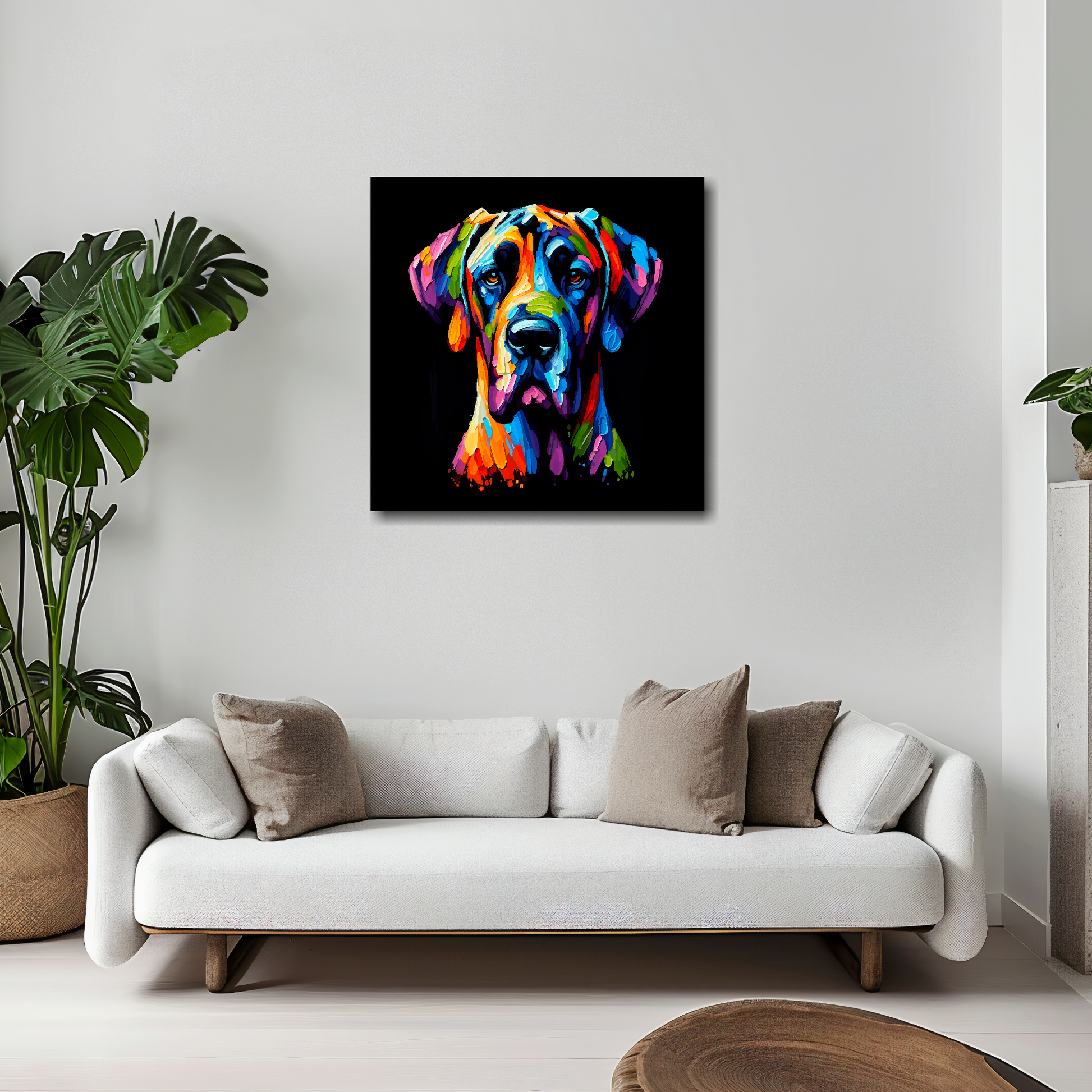 20 inch by 20 inch square canvas featuring a multi-coloured Great Dane dog portrait. Mounted on a white wall above a white sofa with decorative pillows.