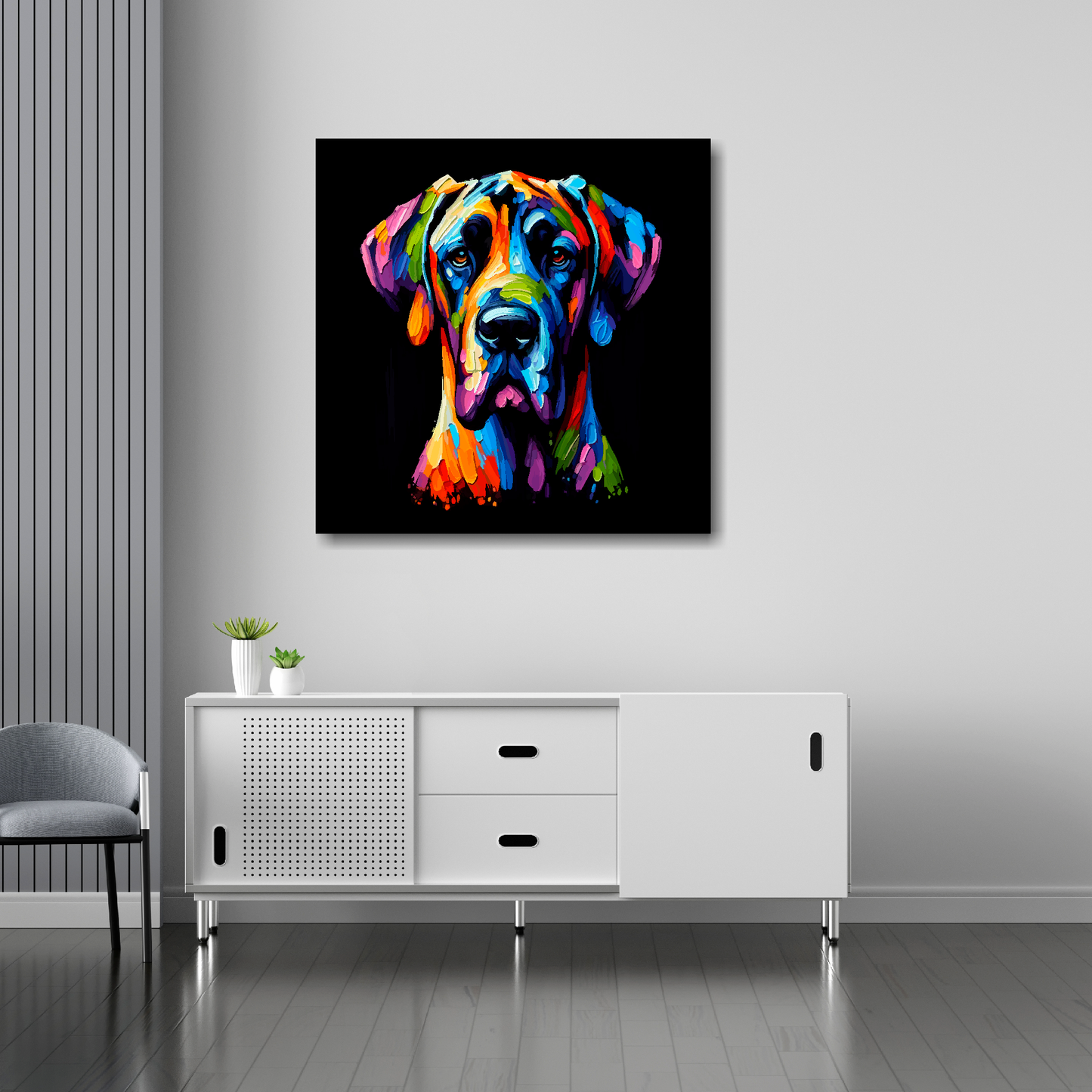 30 inch by 30 inch square canvas featuring a multi-coloured Great Dane dog portrait. Mounted on a white wall above a white sideboard.