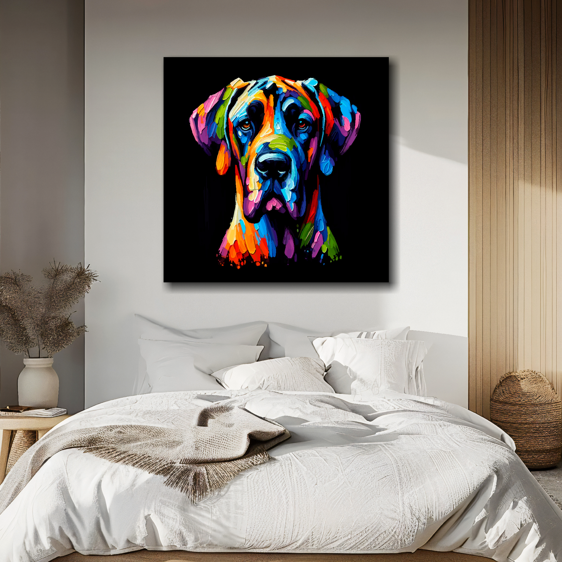 Square canvas featuring a multi-coloured Great Dane dog portrait. Mounted on a white wall above a double bed.