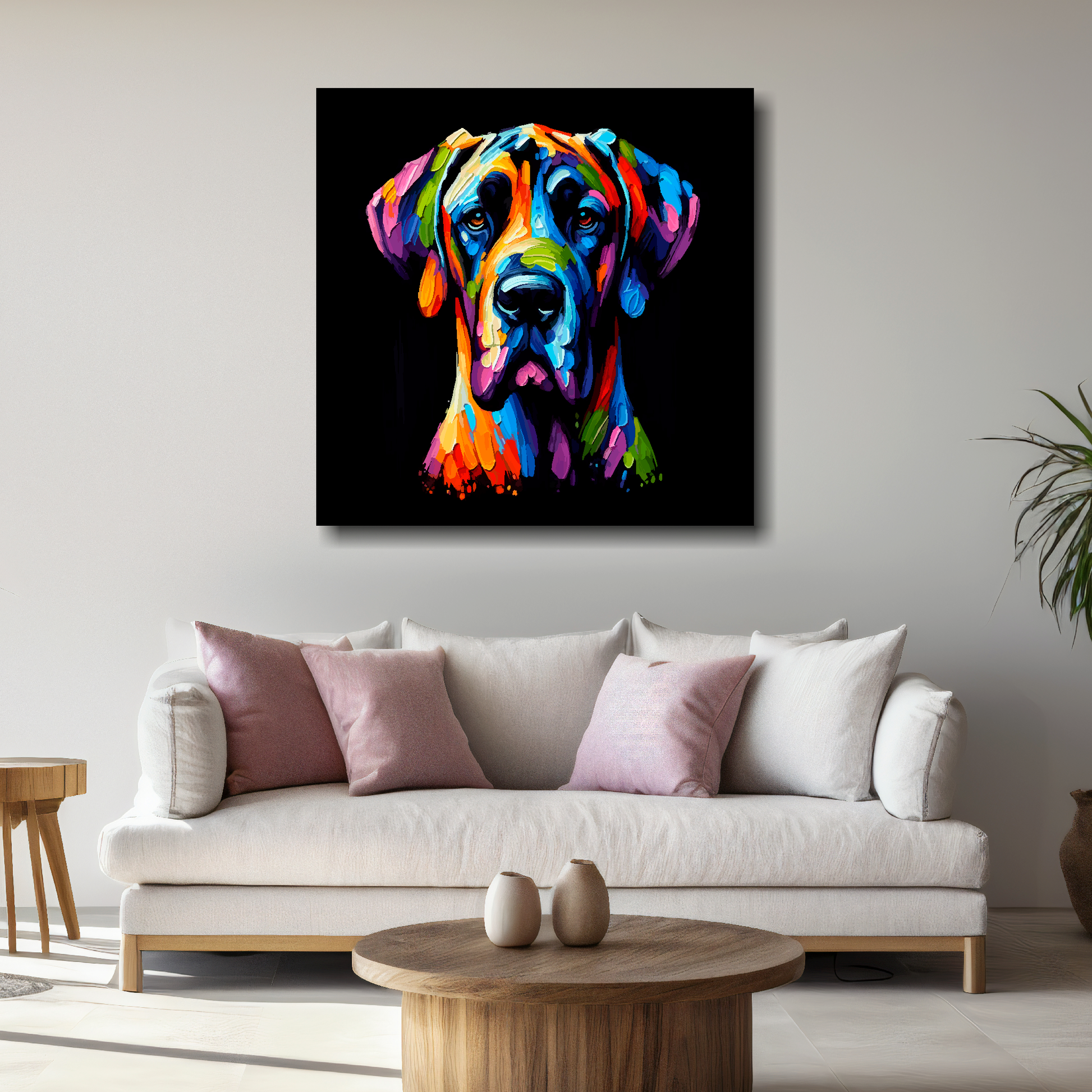 Large canvas featuring a multi-coloured Great Dane dog portrait. Mounted on a white wall above a white sofa with decorative pillows.