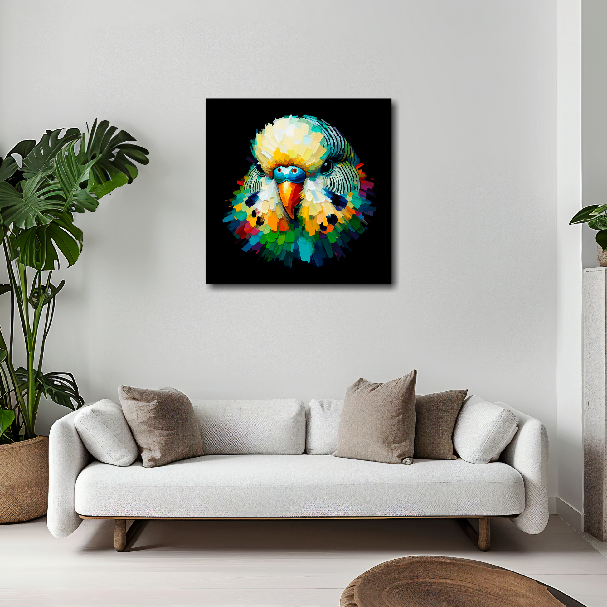 20 inch by 20 inch square canvas of a colourful Green Budgie portrait on a black background. Mounted on a white wall above a white sofa with decorative pillows.
