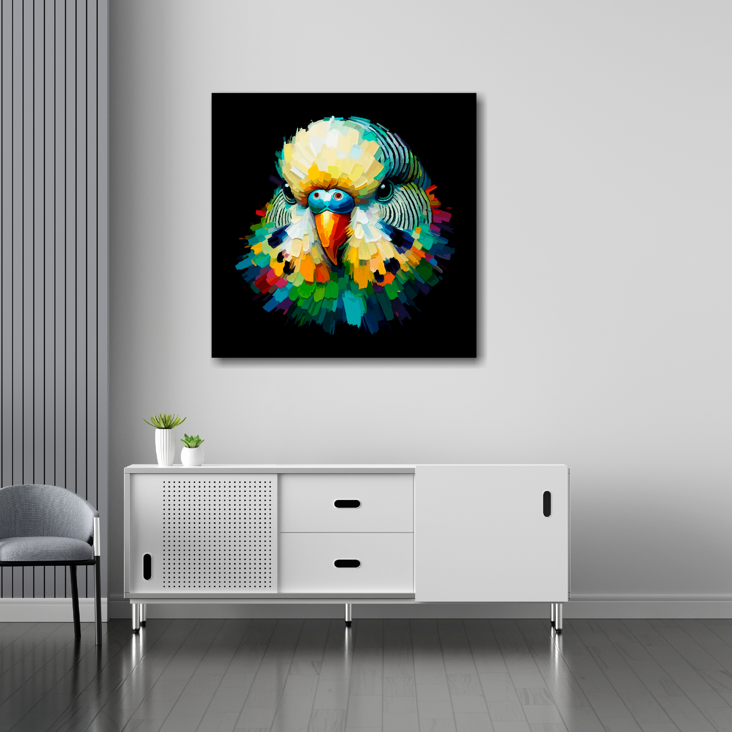 30 inch by 30 inch square canvas of a colourful Green Budgie portrait on a black background. Mounted on a white wall above a white sideboard.