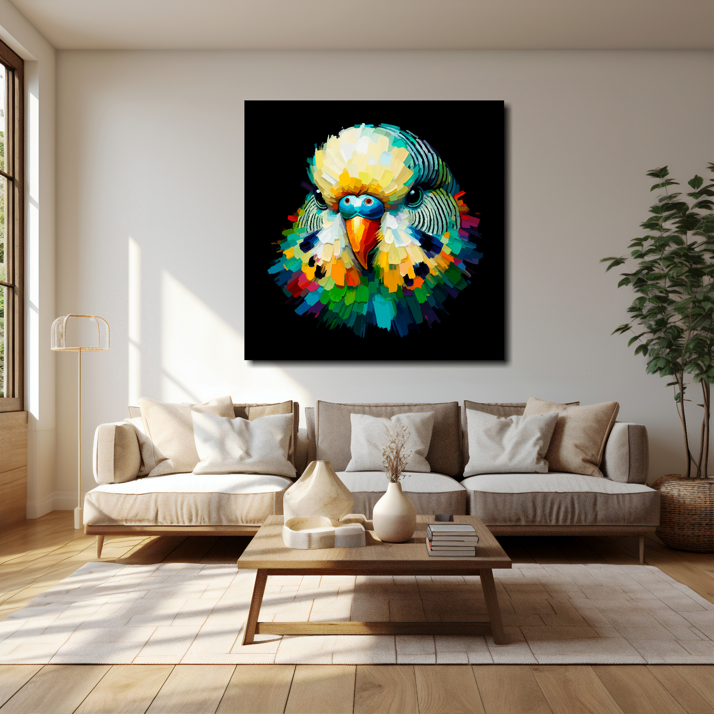 40 inch by 40 inch square canvas of a colourful Green Budgie portrait on a black background. Mounted on a white wall above a cream sofa with decorative pillows.